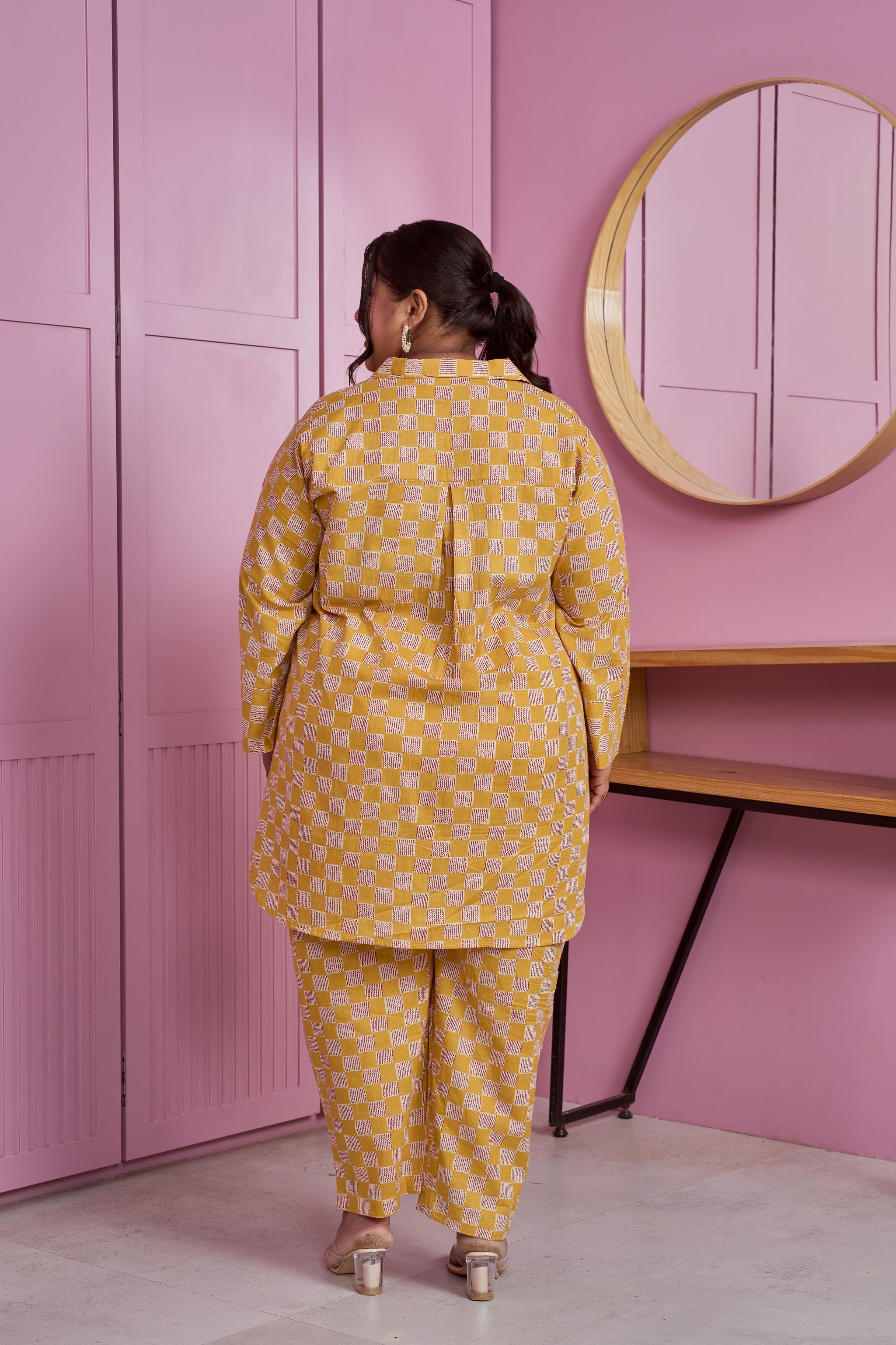 Women's Yellow-White Checkered Print Co-Ord Set - Nangalia Ruchira
