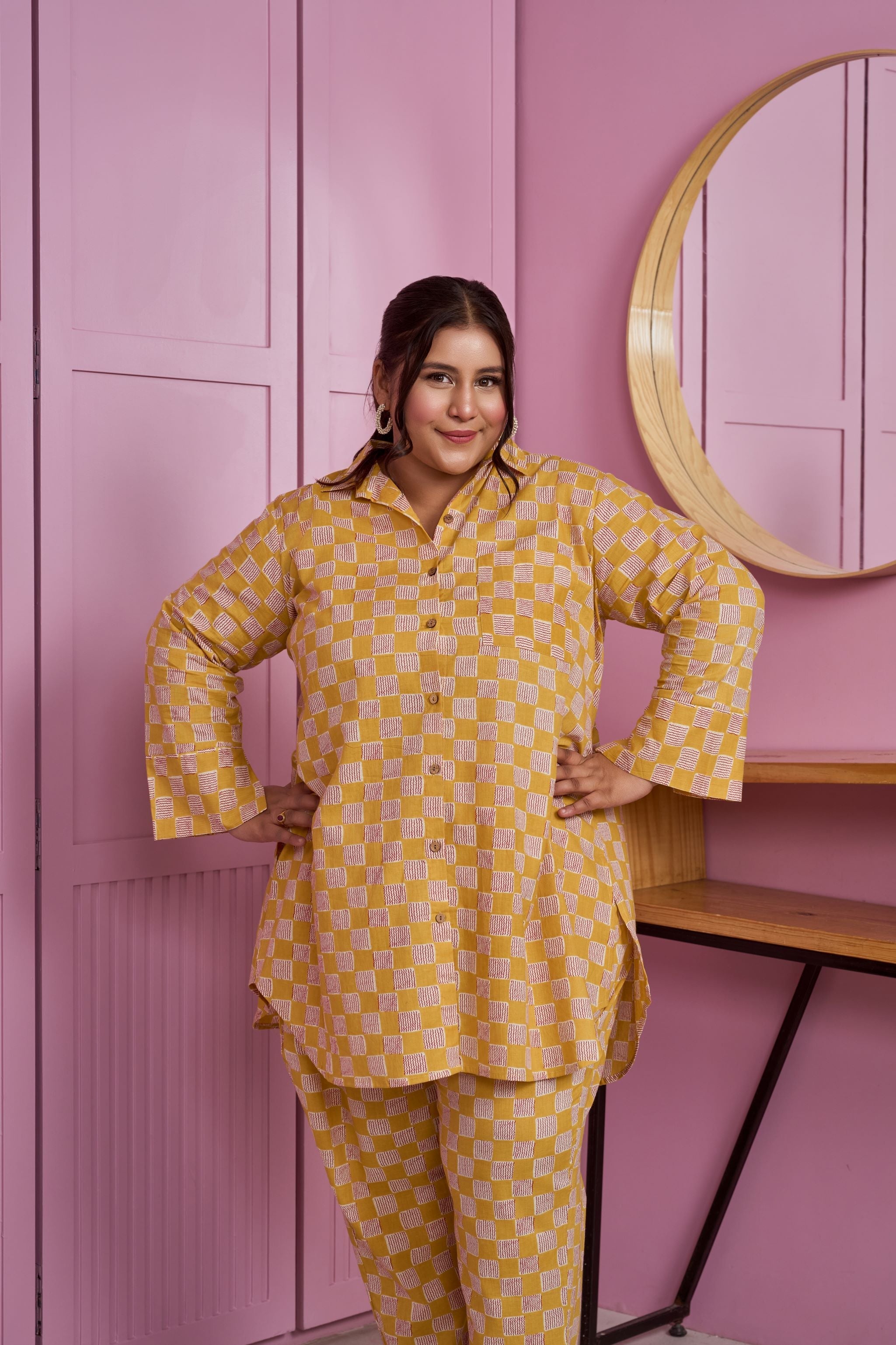 Women's Yellow-White Checkered Print Co-Ord Set - Nangalia Ruchira