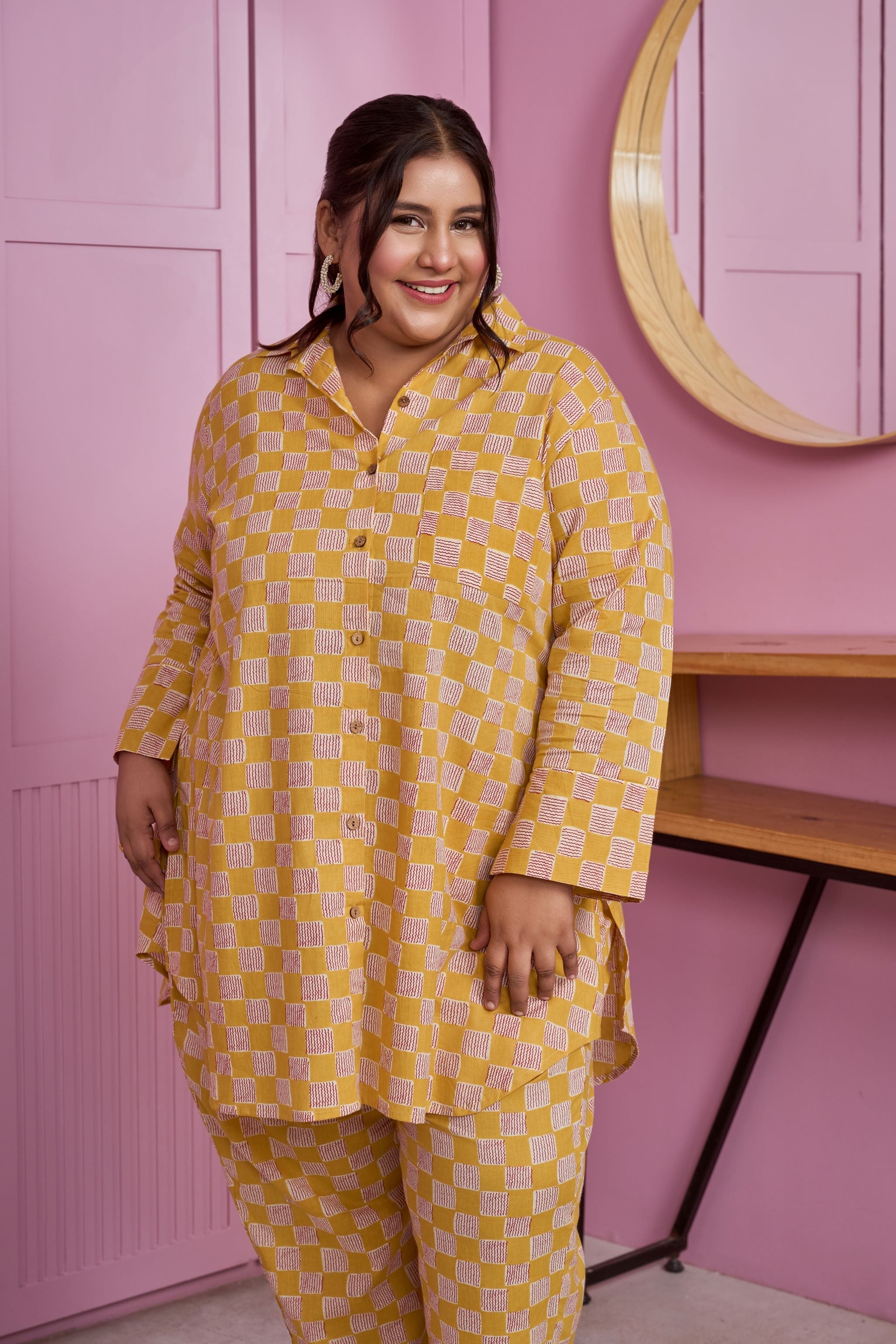 Women's Yellow-White Checkered Print Co-Ord Set - Nangalia Ruchira