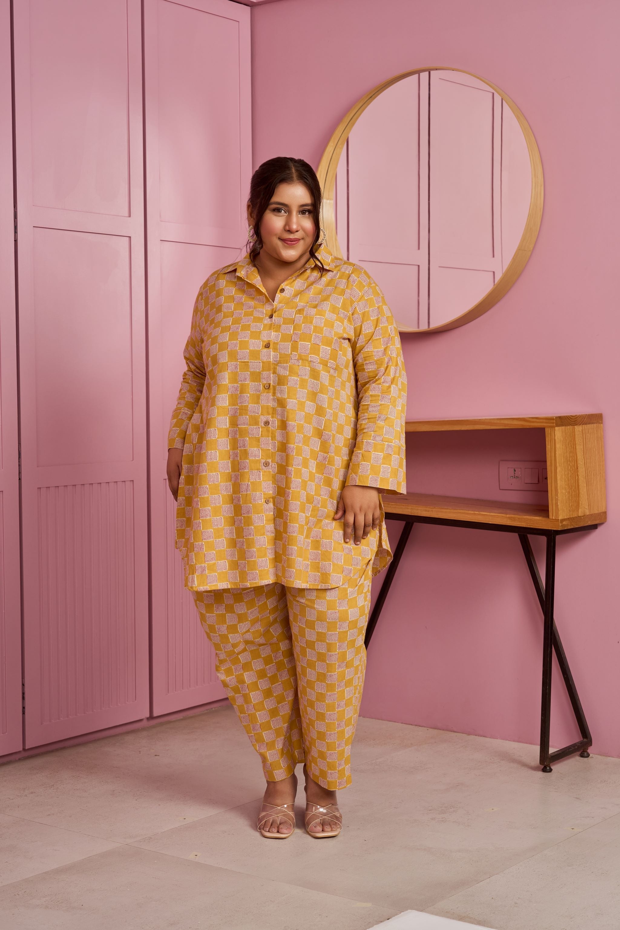 Women's Yellow-White Checkered Print Co-Ord Set - Nangalia Ruchira
