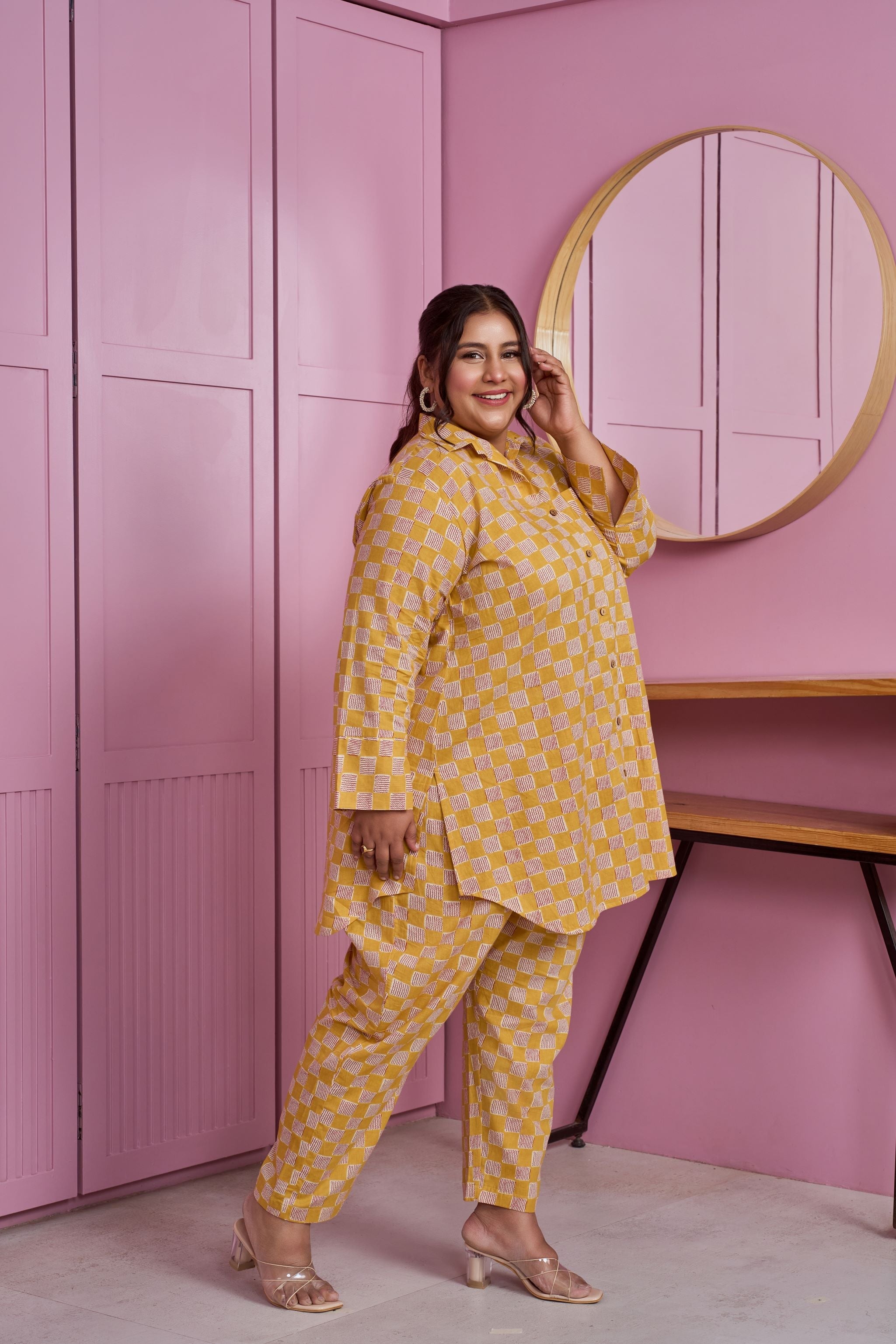 Women's Yellow-White Checkered Print Co-Ord Set - Nangalia Ruchira