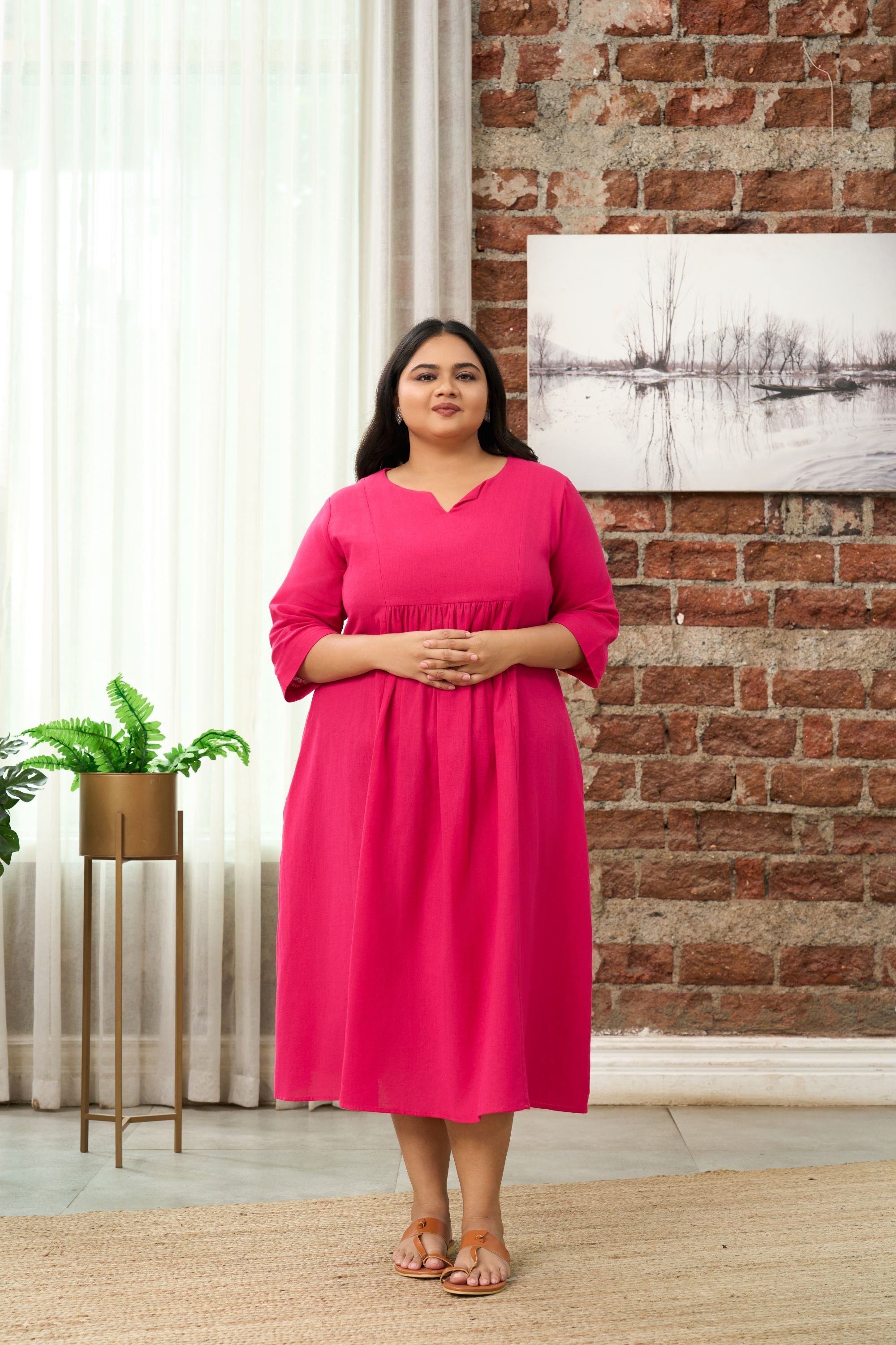 Women's Fuchsia Pink V-Neck Linen Midi Dress With Gathered Waist - Nangalia Ruchira
