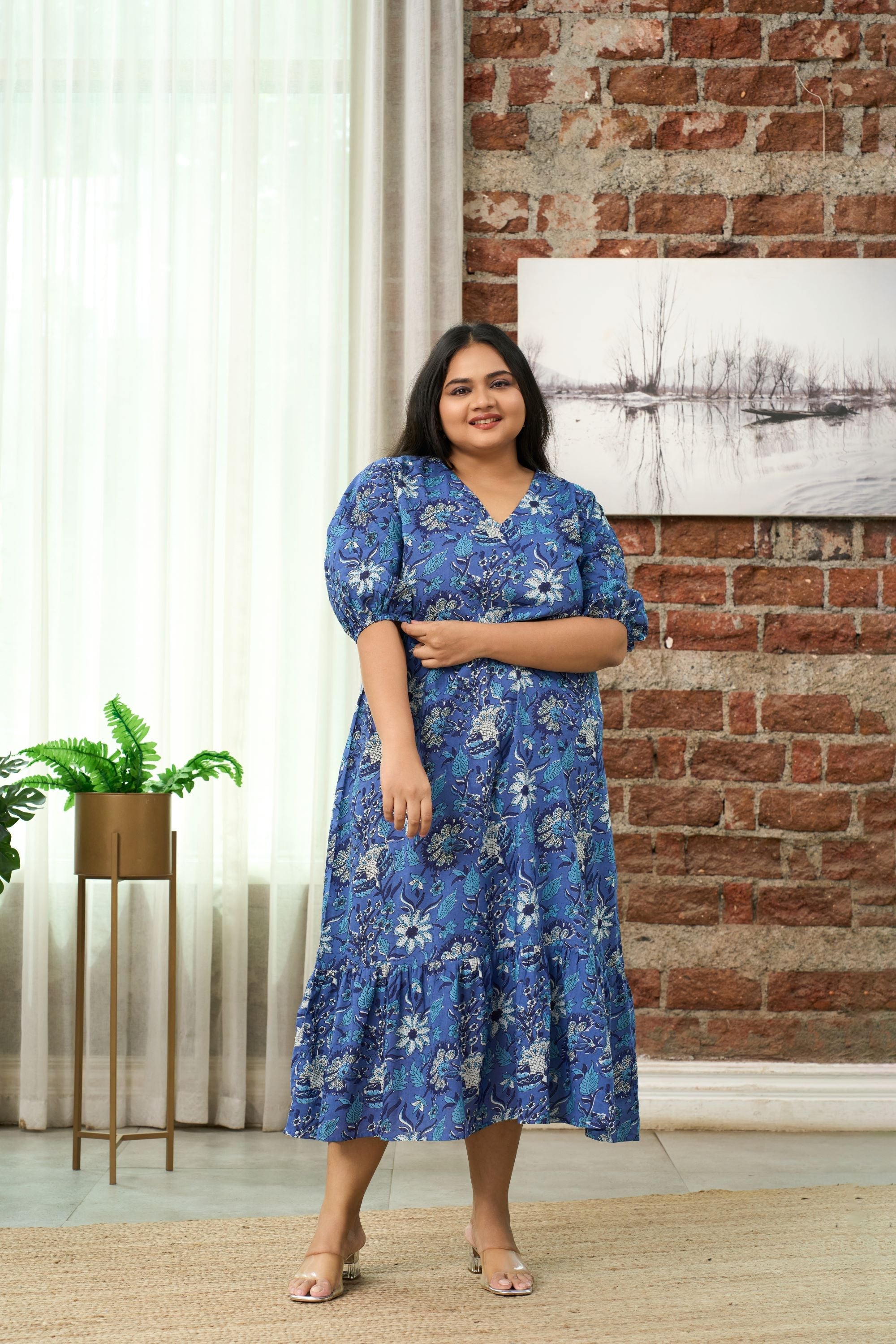 Women's Blue Floral Printed Maxi Dress - Nangalia Ruchira