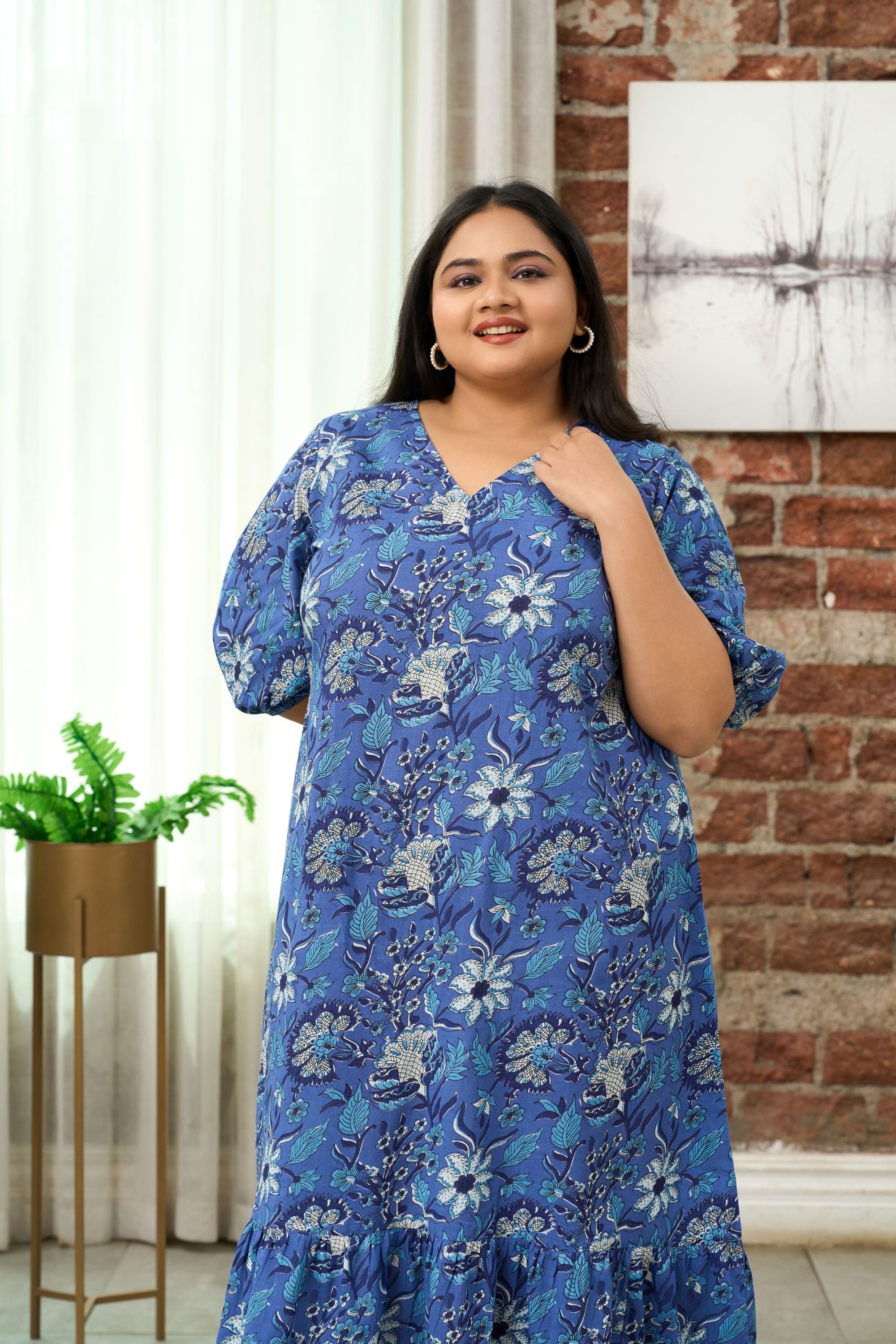 Women's Blue Floral Printed Maxi Dress - Nangalia Ruchira