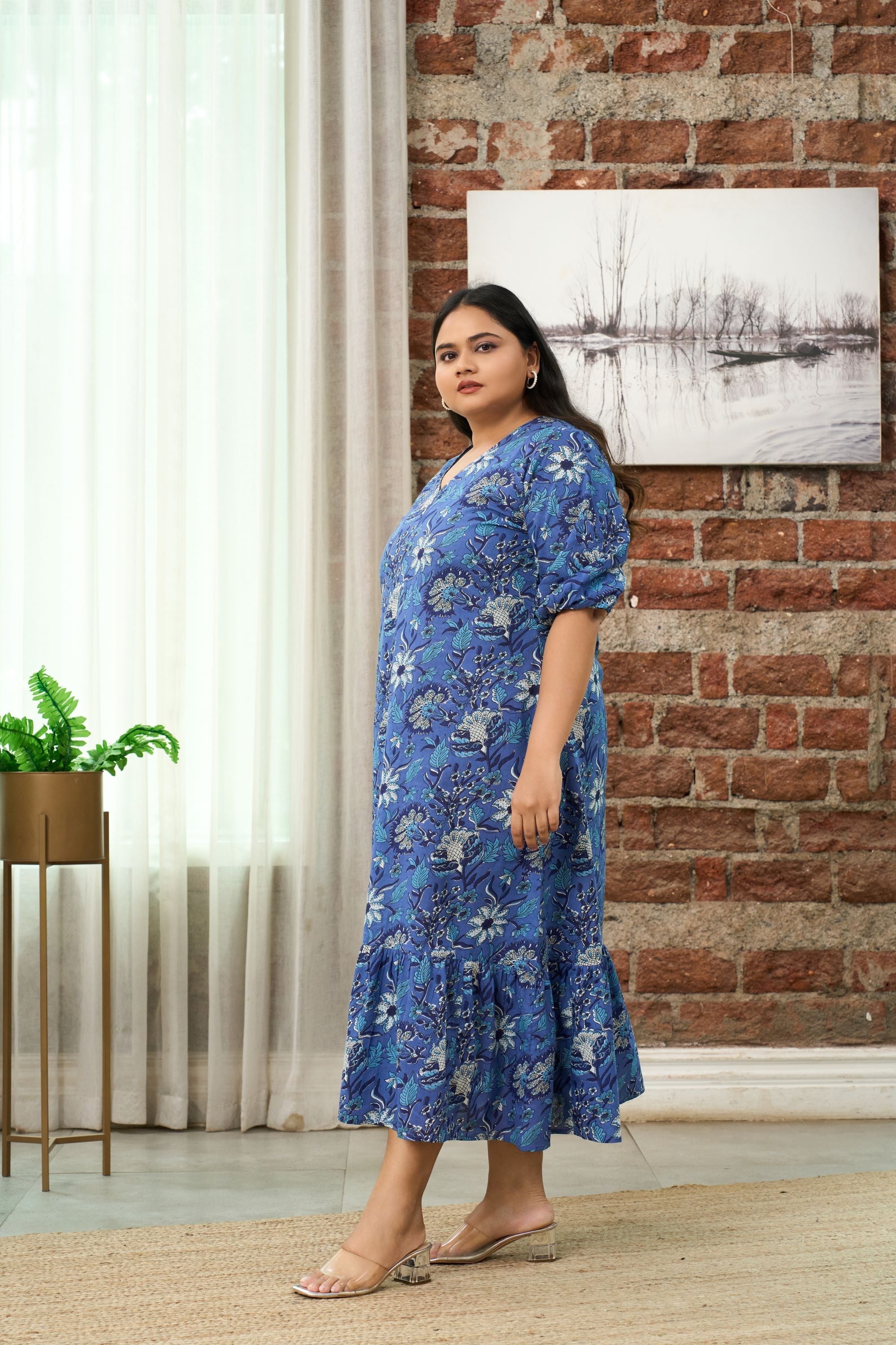 Women's Blue Floral Printed Maxi Dress - Nangalia Ruchira