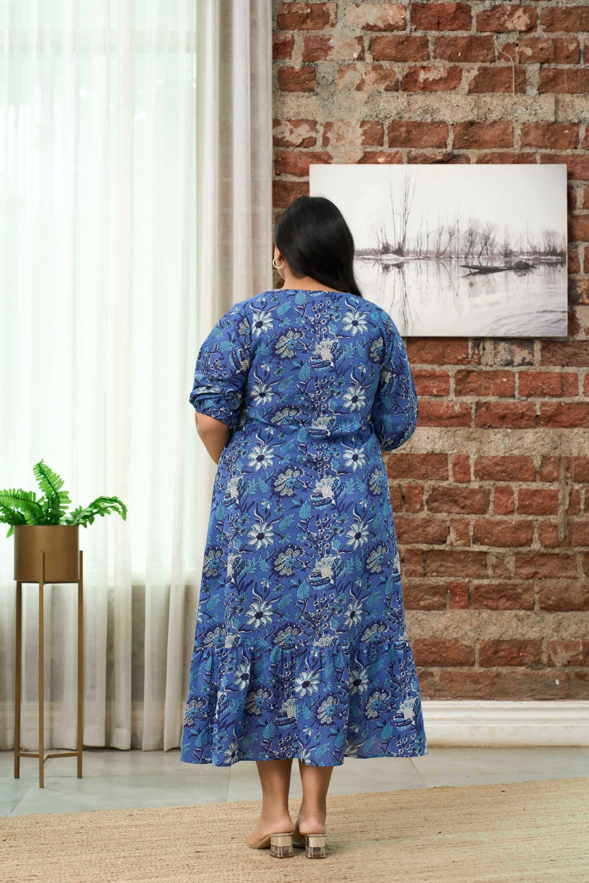 Women's Blue Floral Printed Maxi Dress - Nangalia Ruchira