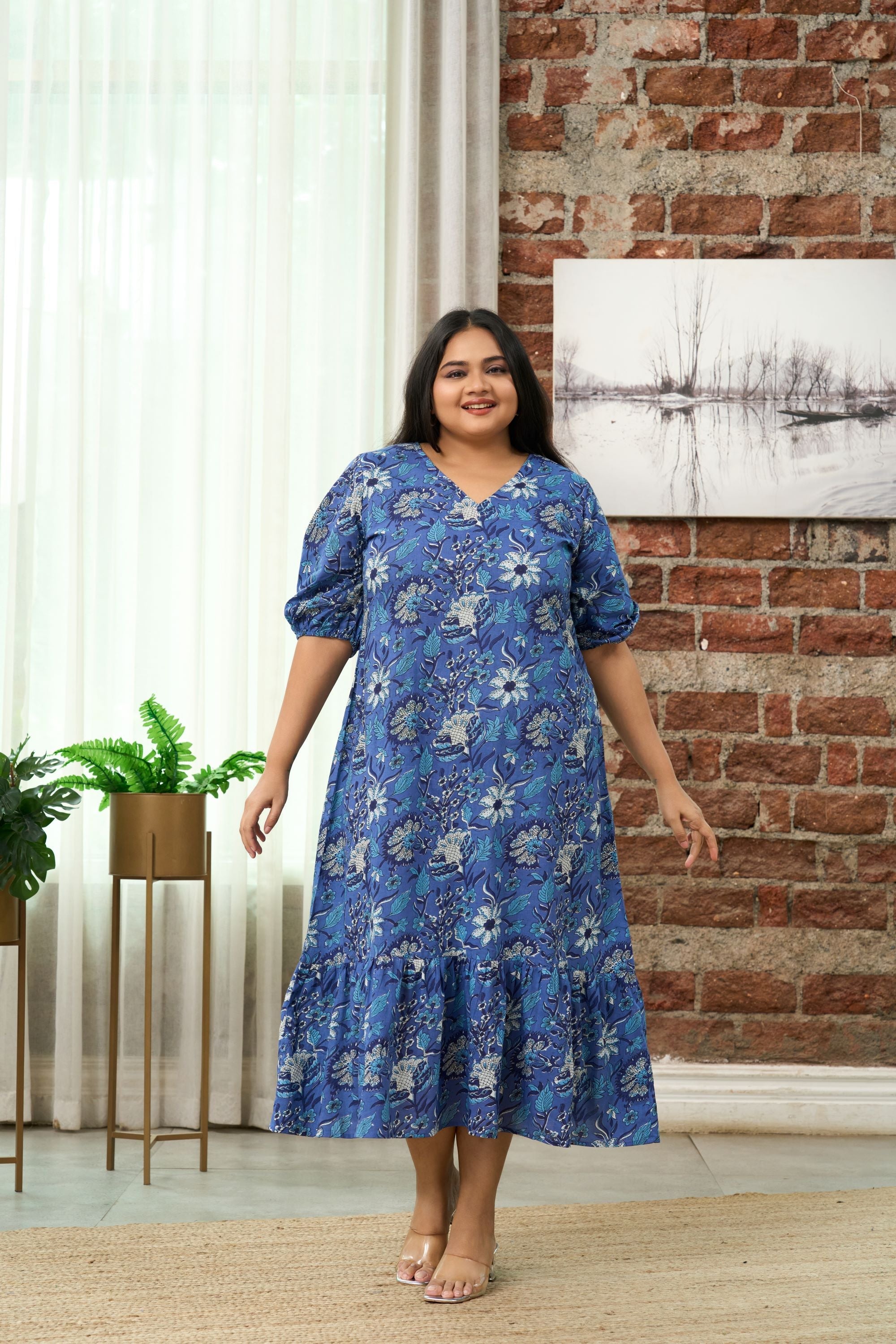 Women's Blue Floral Printed Maxi Dress - Nangalia Ruchira