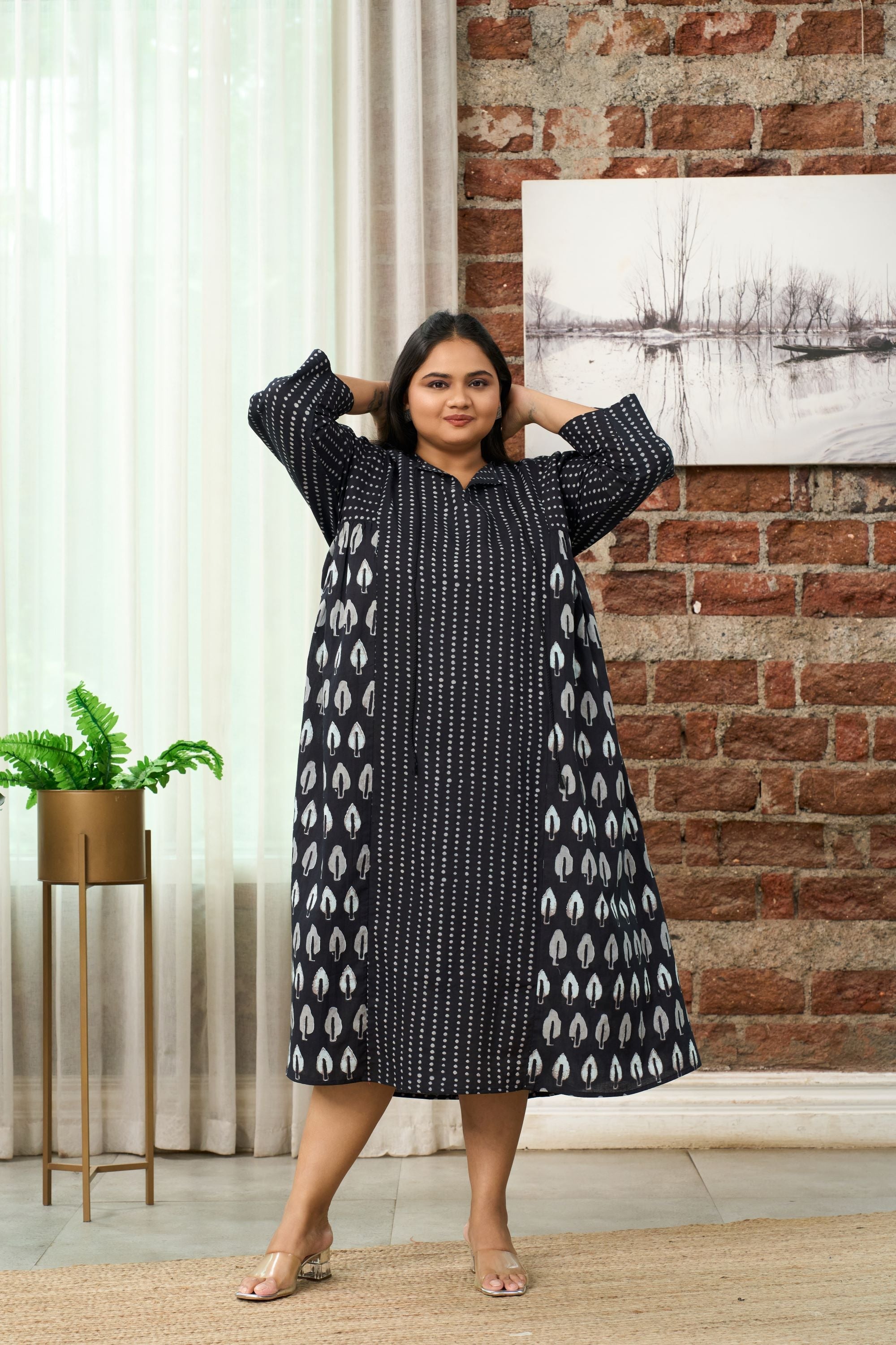 Women's Black & White Shibori Printed Maxi Dress - Nangalia Ruchira