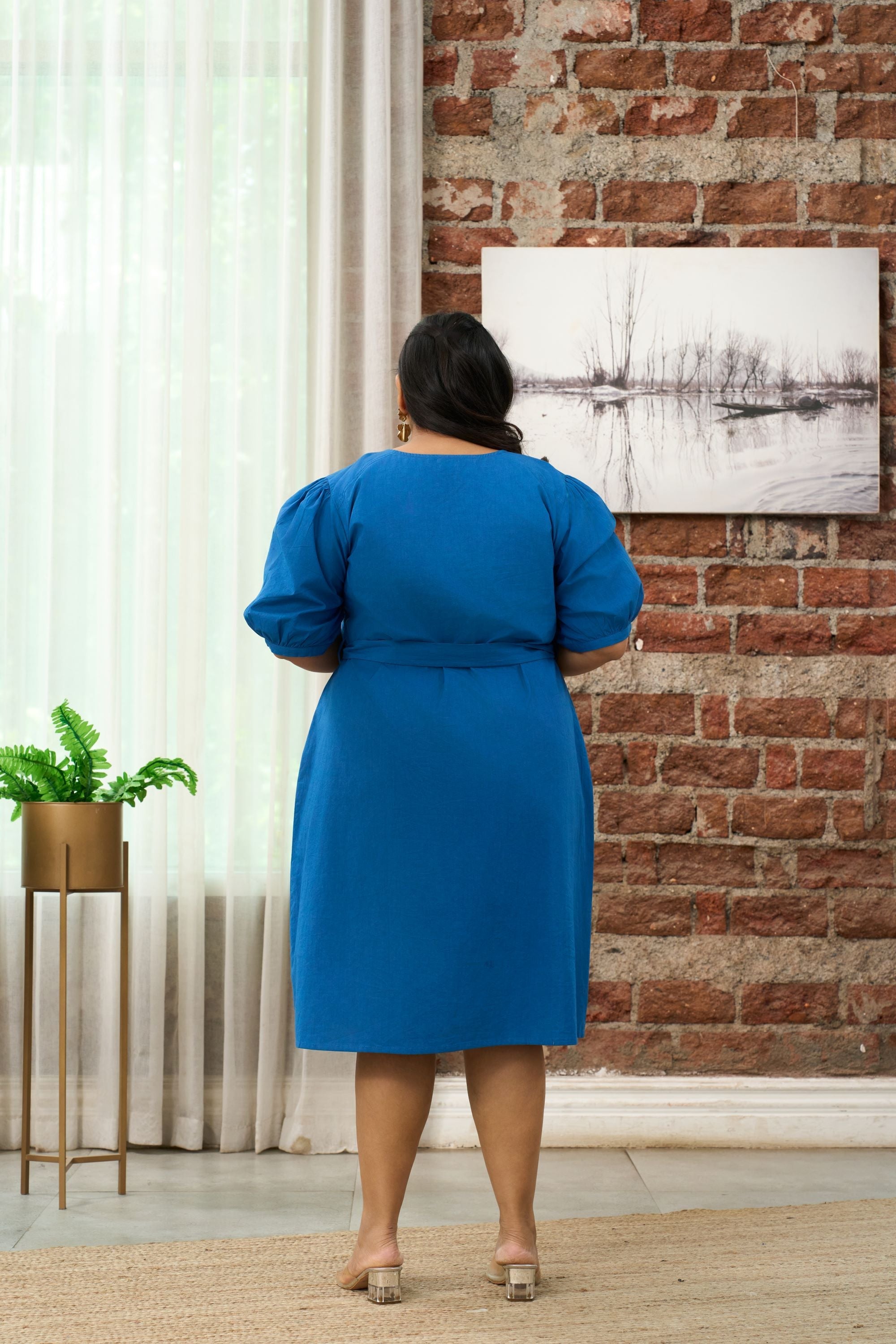 Women's Cobalt Blue Button-Down Shirt Dress With Belt - Nangalia Ruchira