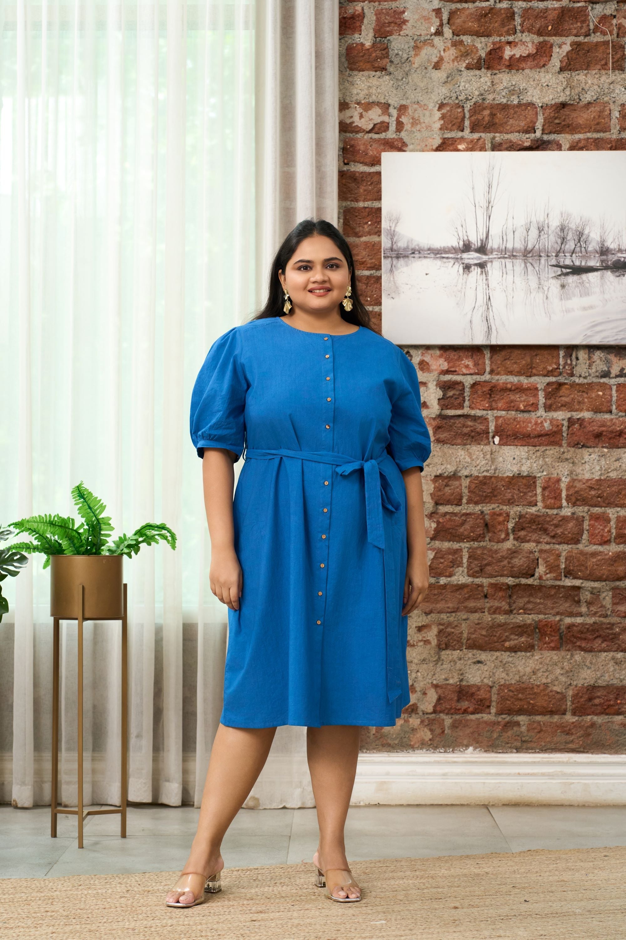 Women's Cobalt Blue Button-Down Shirt Dress With Belt - Nangalia Ruchira