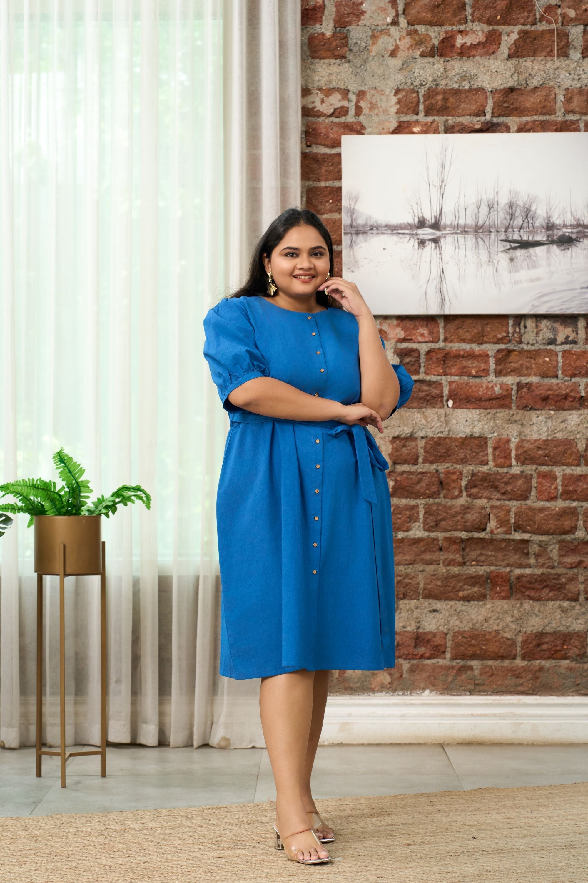 Women's Cobalt Blue Button-Down Shirt Dress With Belt - Nangalia Ruchira