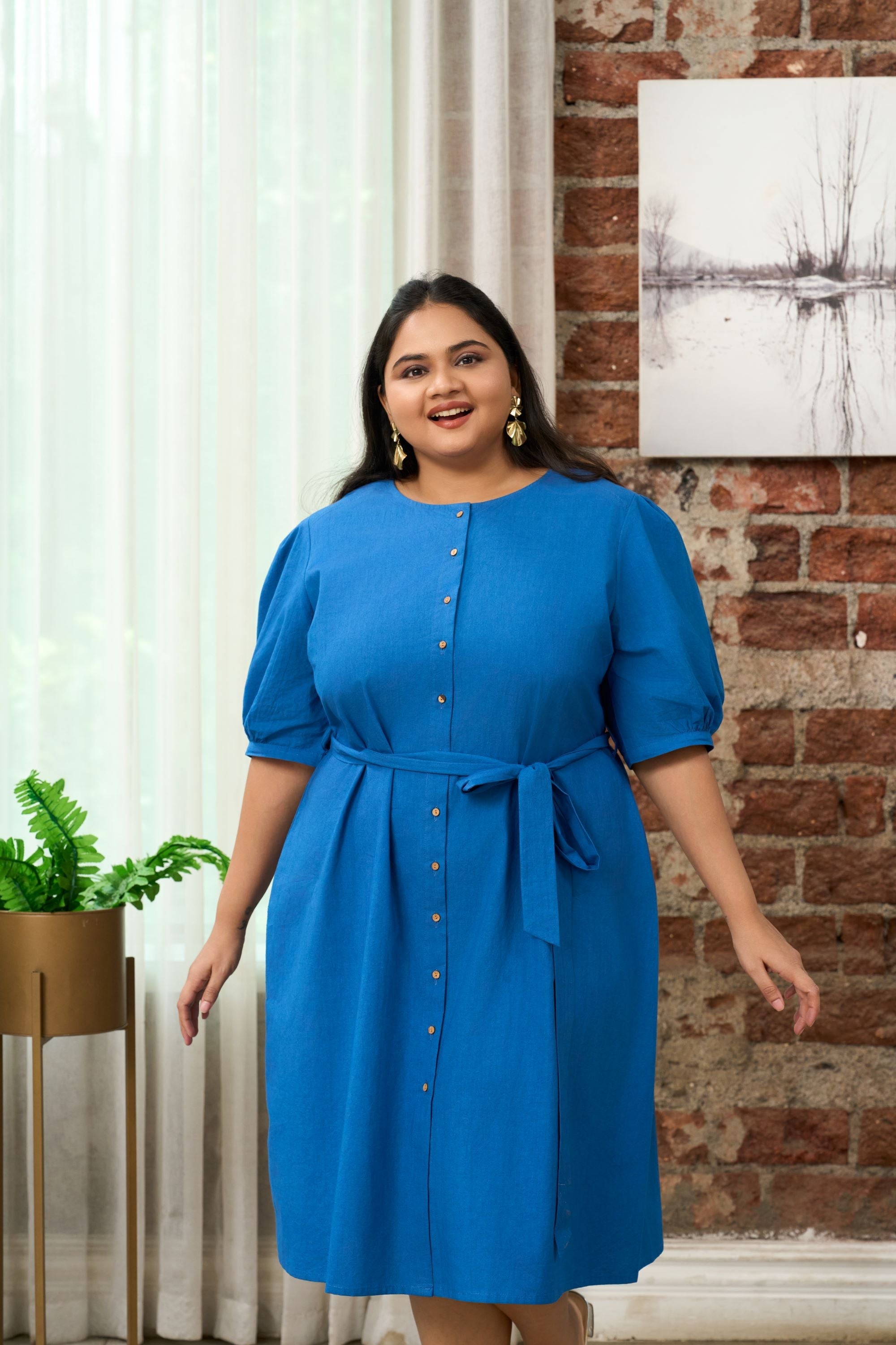 Women's Cobalt Blue Button-Down Shirt Dress With Belt - Nangalia Ruchira