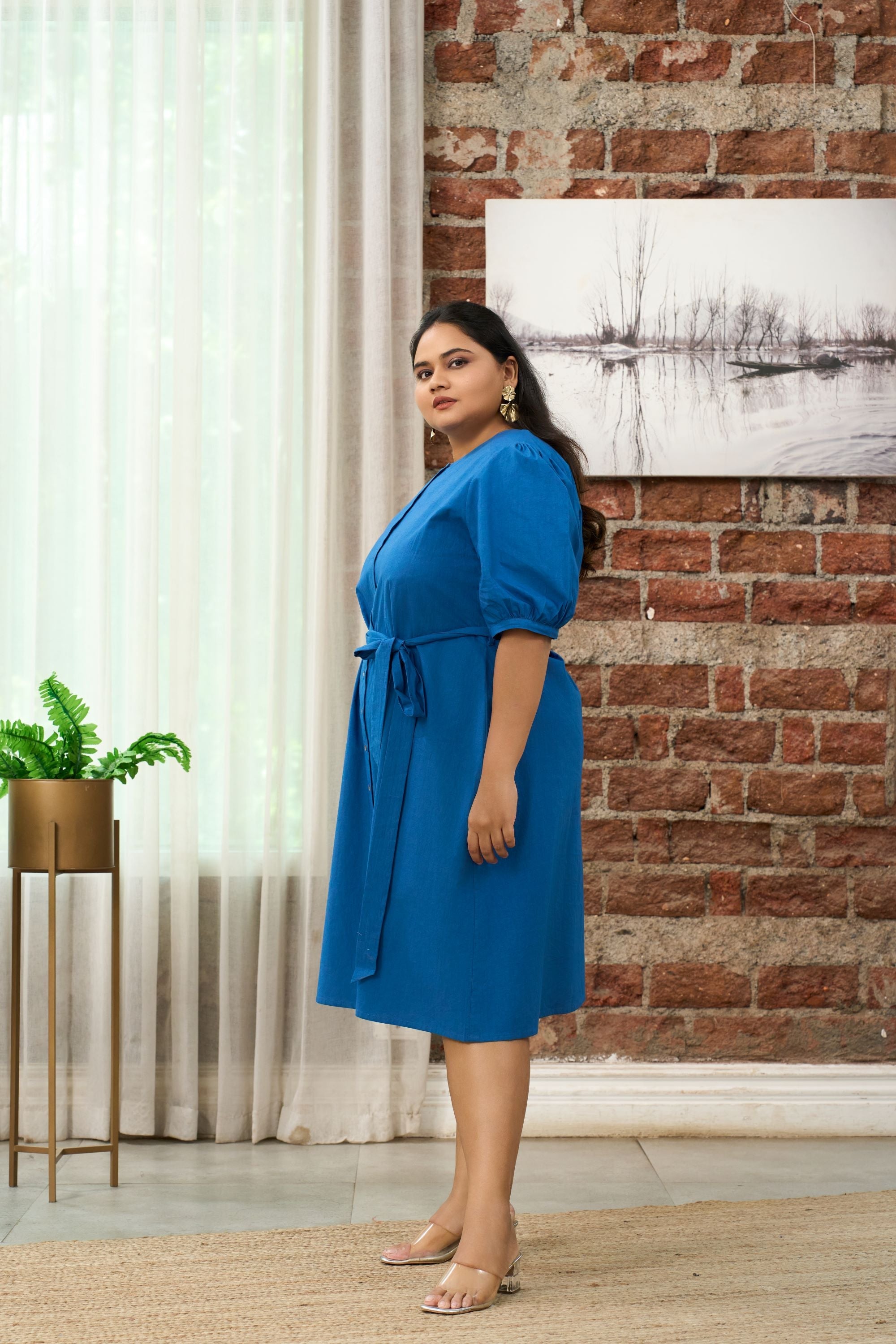 Women's Cobalt Blue Button-Down Shirt Dress With Belt - Nangalia Ruchira