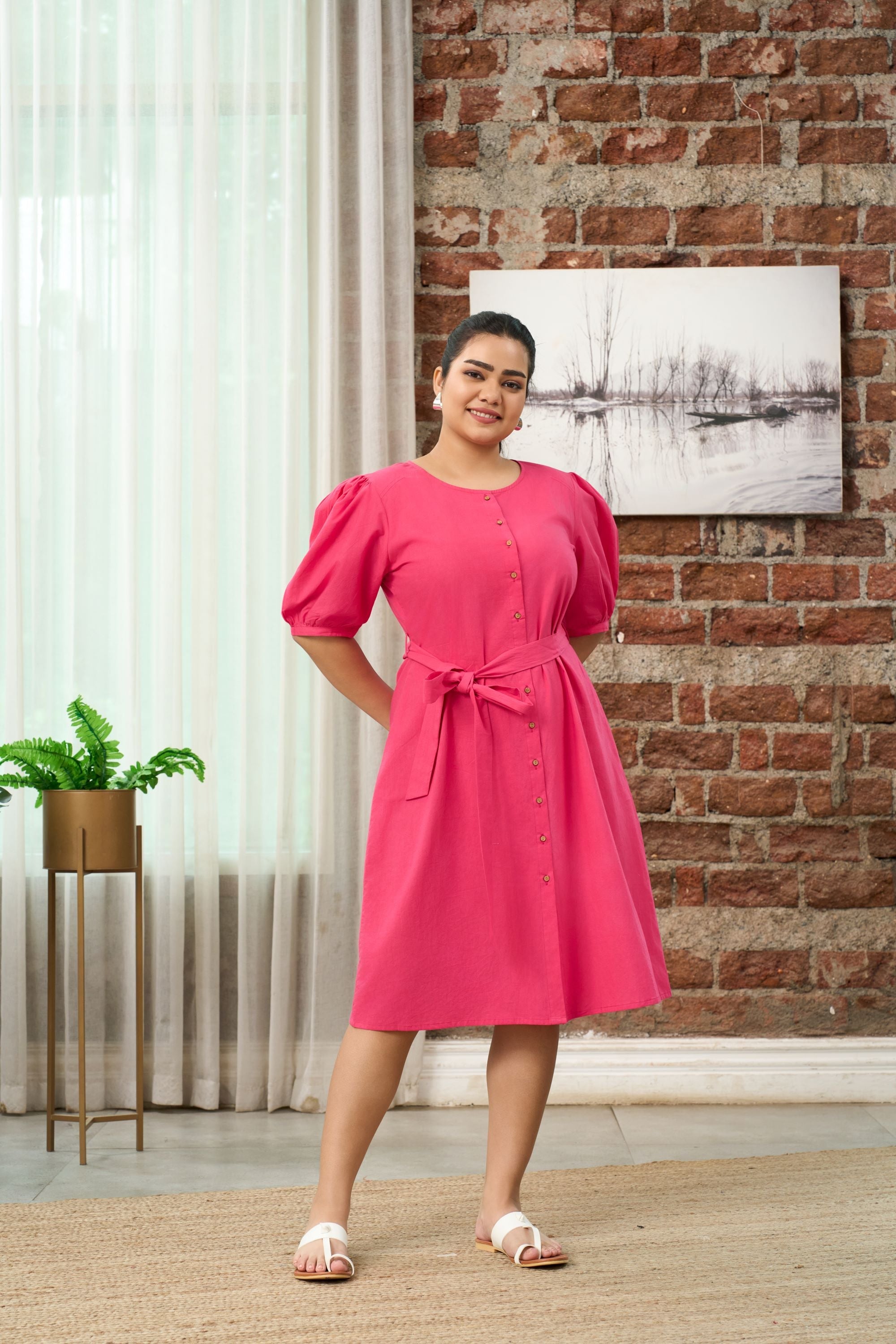 Women's Fushia Pink Button-Down Shirt Dress With Belt - Nangalia Ruchira