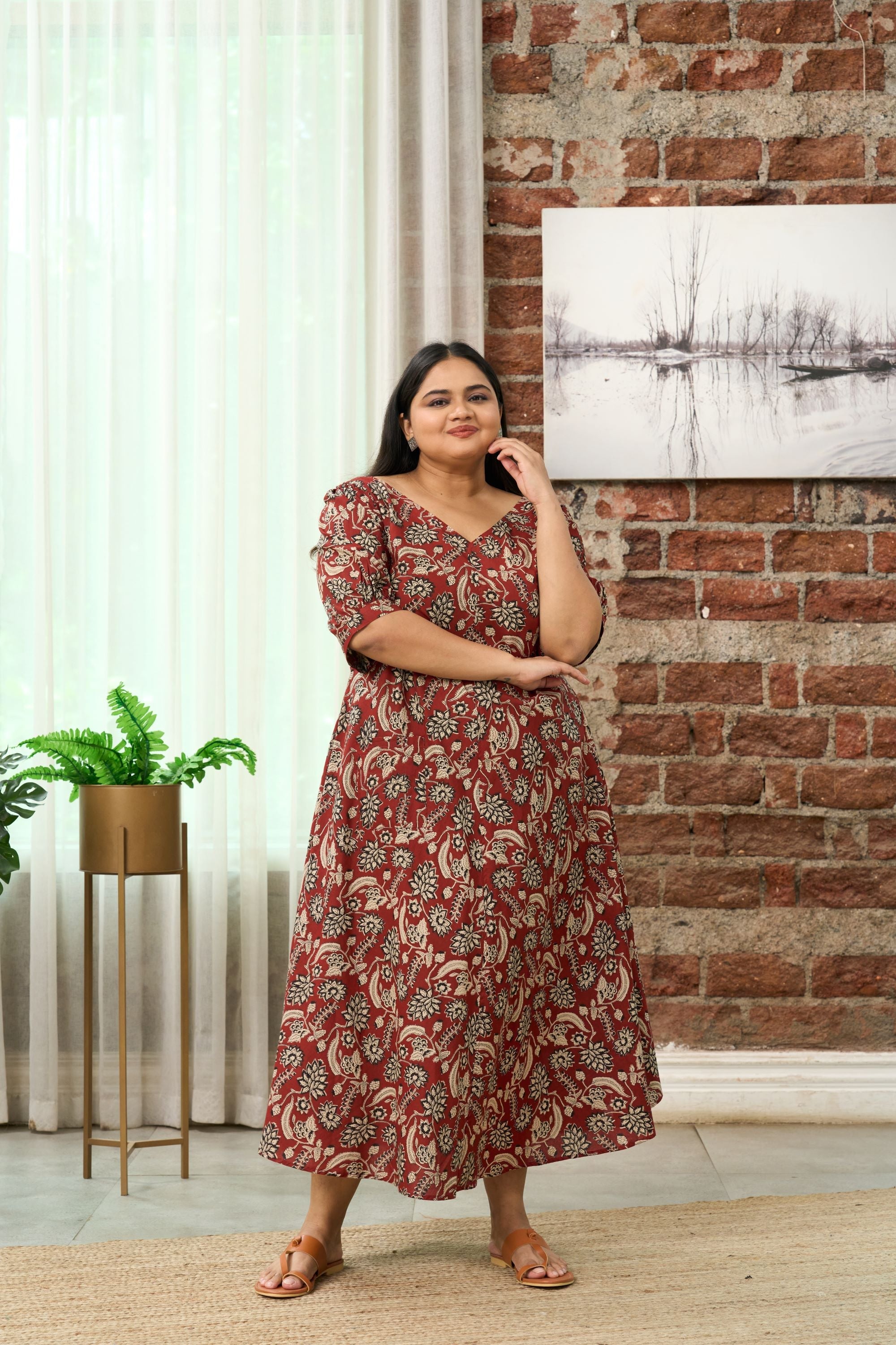 Women's Bohemian Bagru Print V-Neck Maxi Dress - Nangalia Ruchira