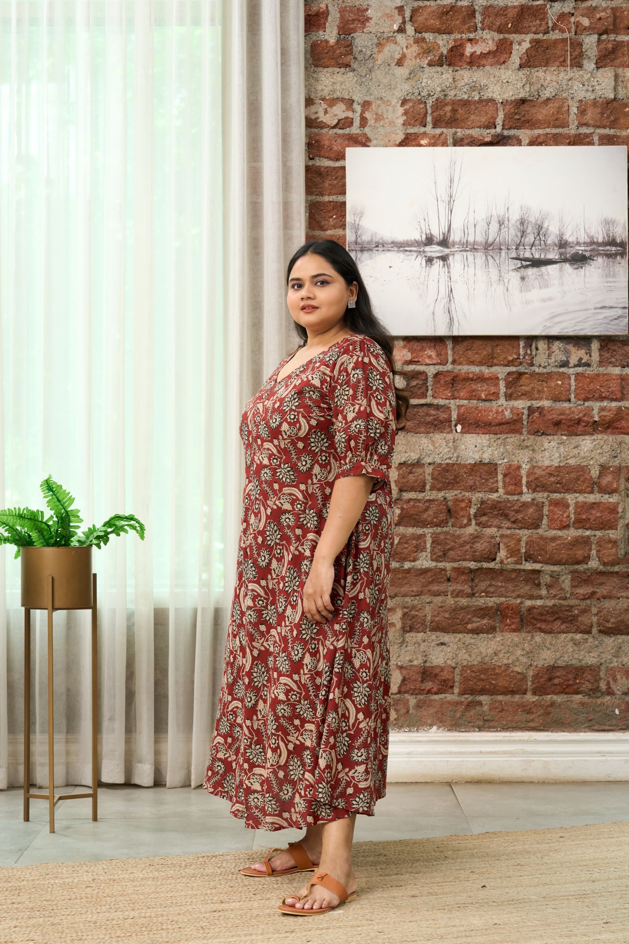 Women's Bohemian Bagru Print V-Neck Maxi Dress - Nangalia Ruchira