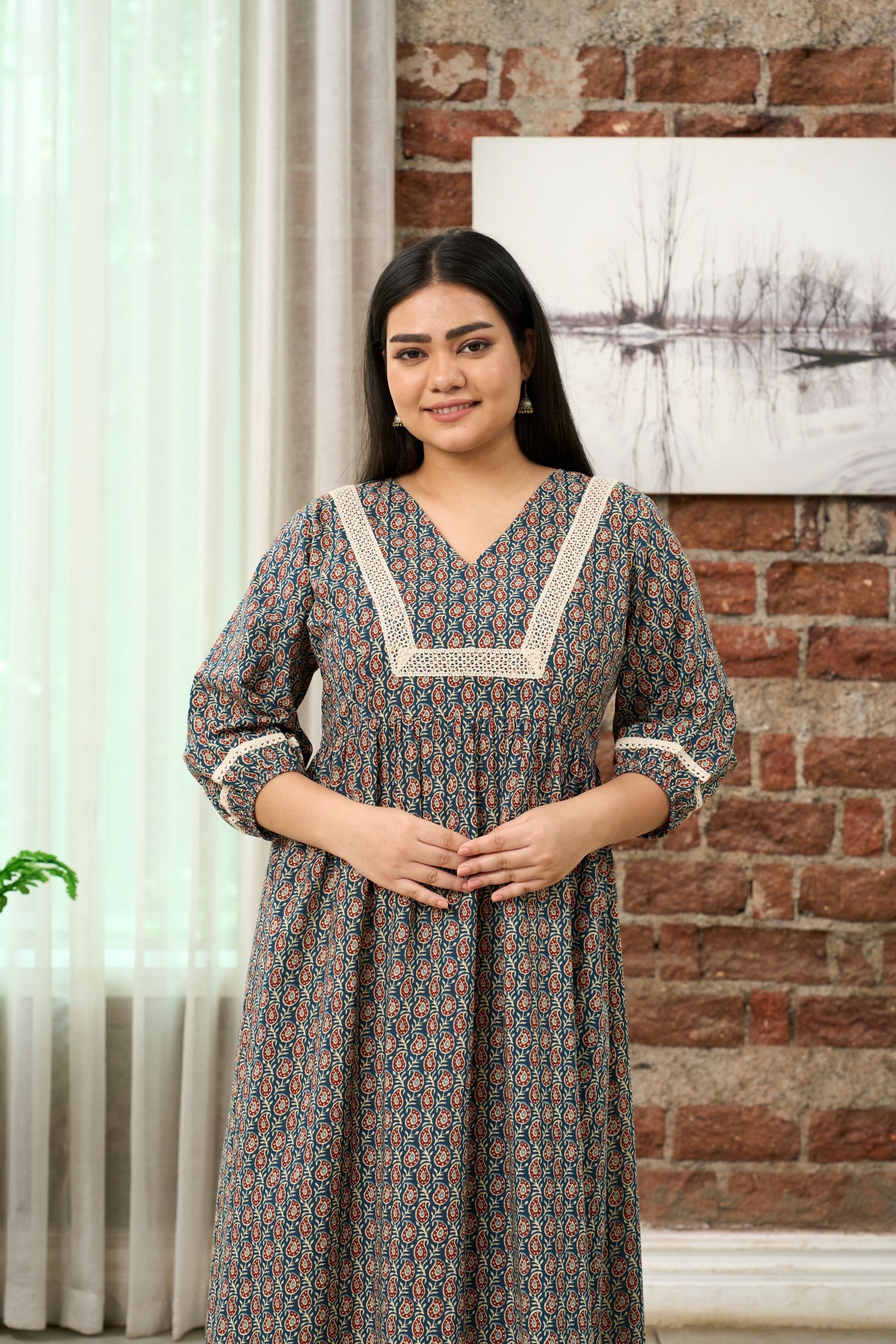 Women's Earthy Paisley Print Midi Dress - Nangalia Ruchira