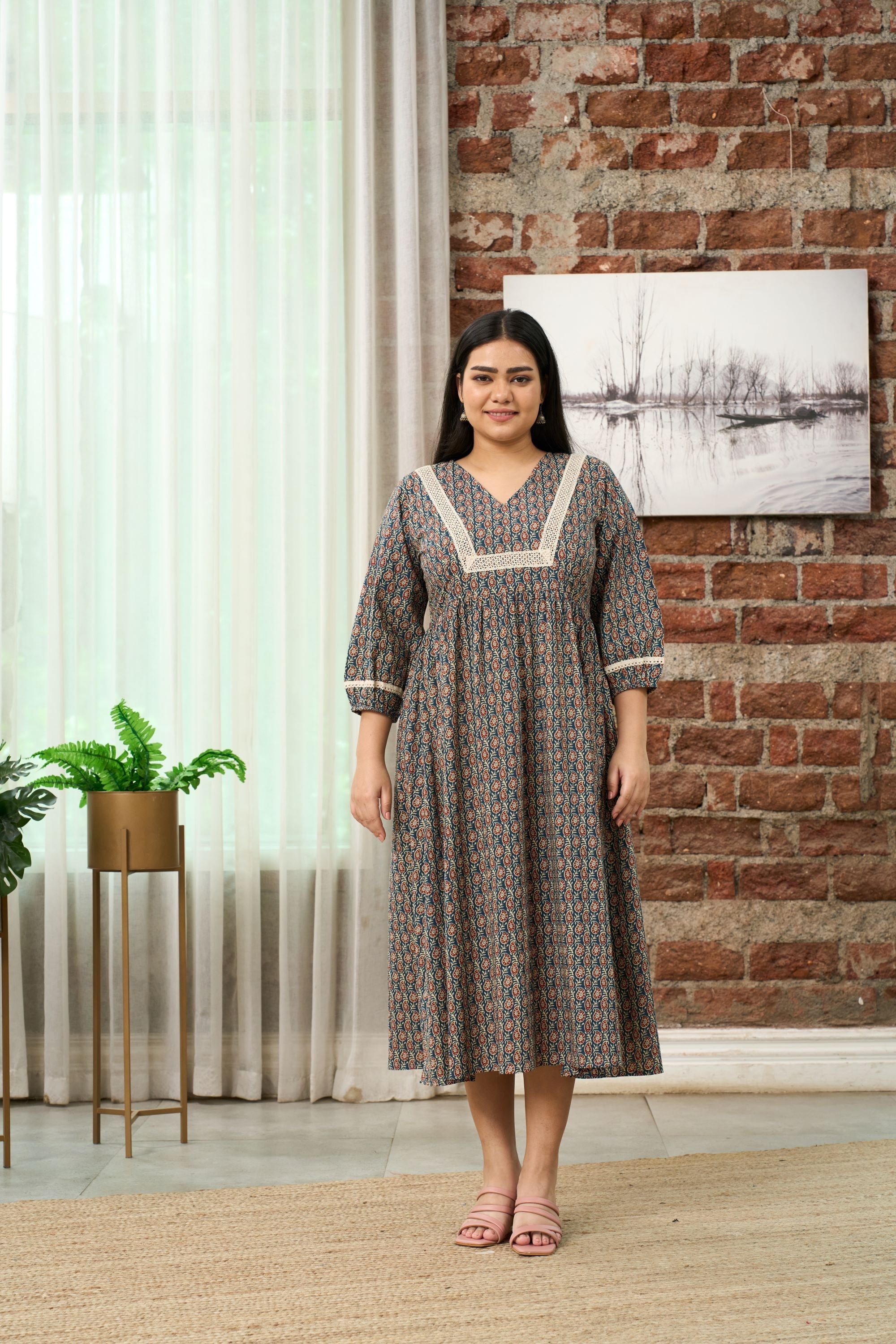 Women's Earthy Paisley Print Midi Dress - Nangalia Ruchira
