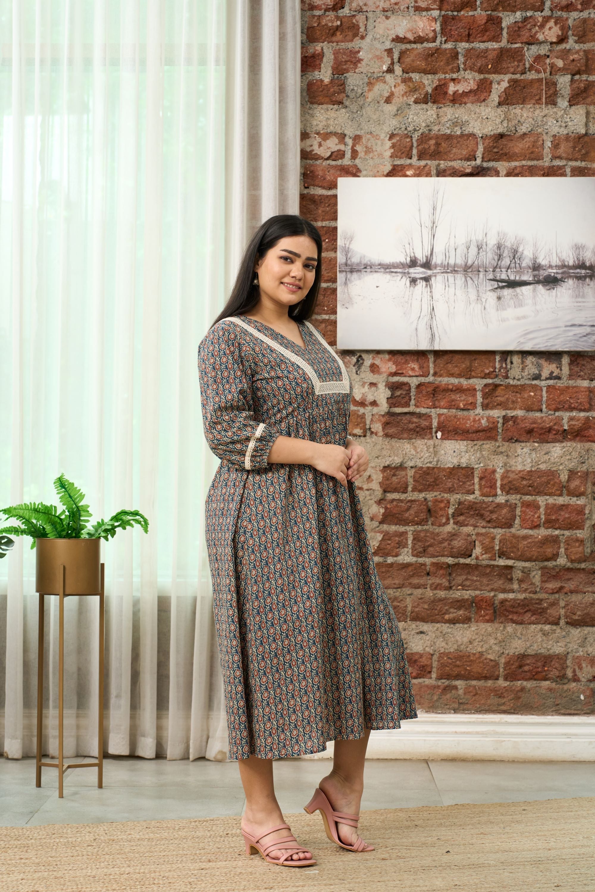 Women's Earthy Paisley Print Midi Dress - Nangalia Ruchira