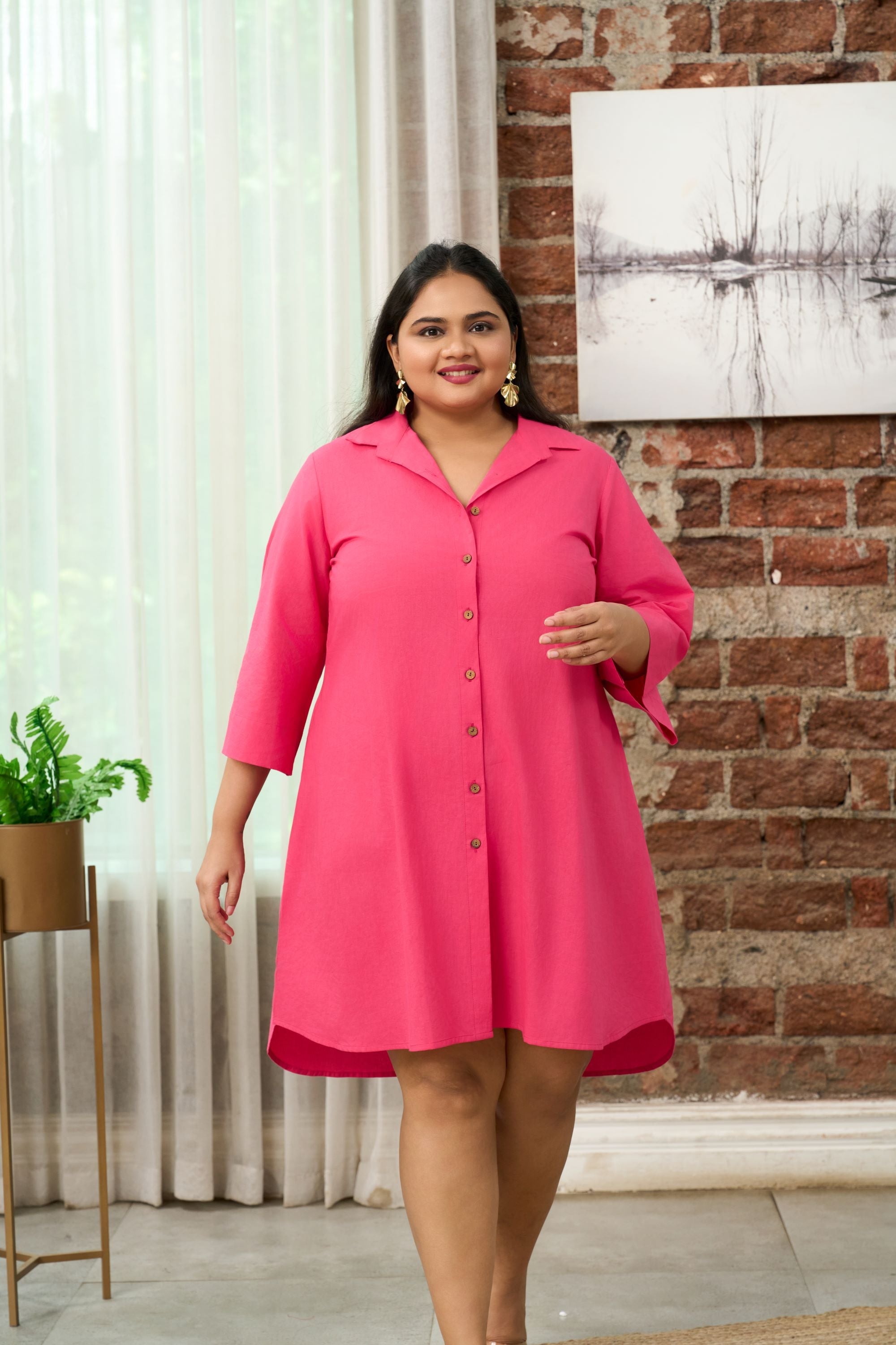 Women's Fuchsia Pink Button-Down Shirt Dress - Nangalia Ruchira