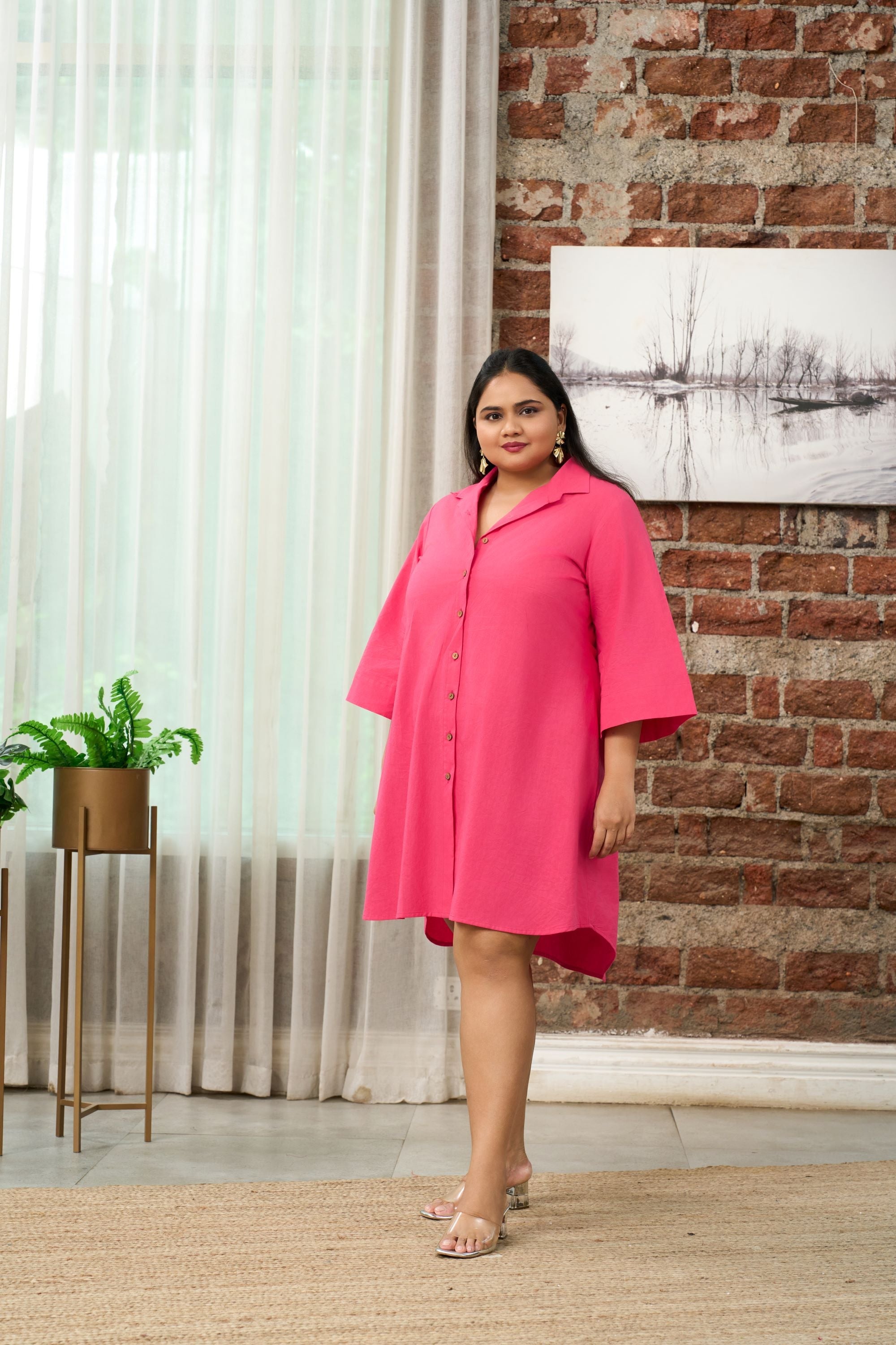 Women's Fuchsia Pink Button-Down Shirt Dress - Nangalia Ruchira