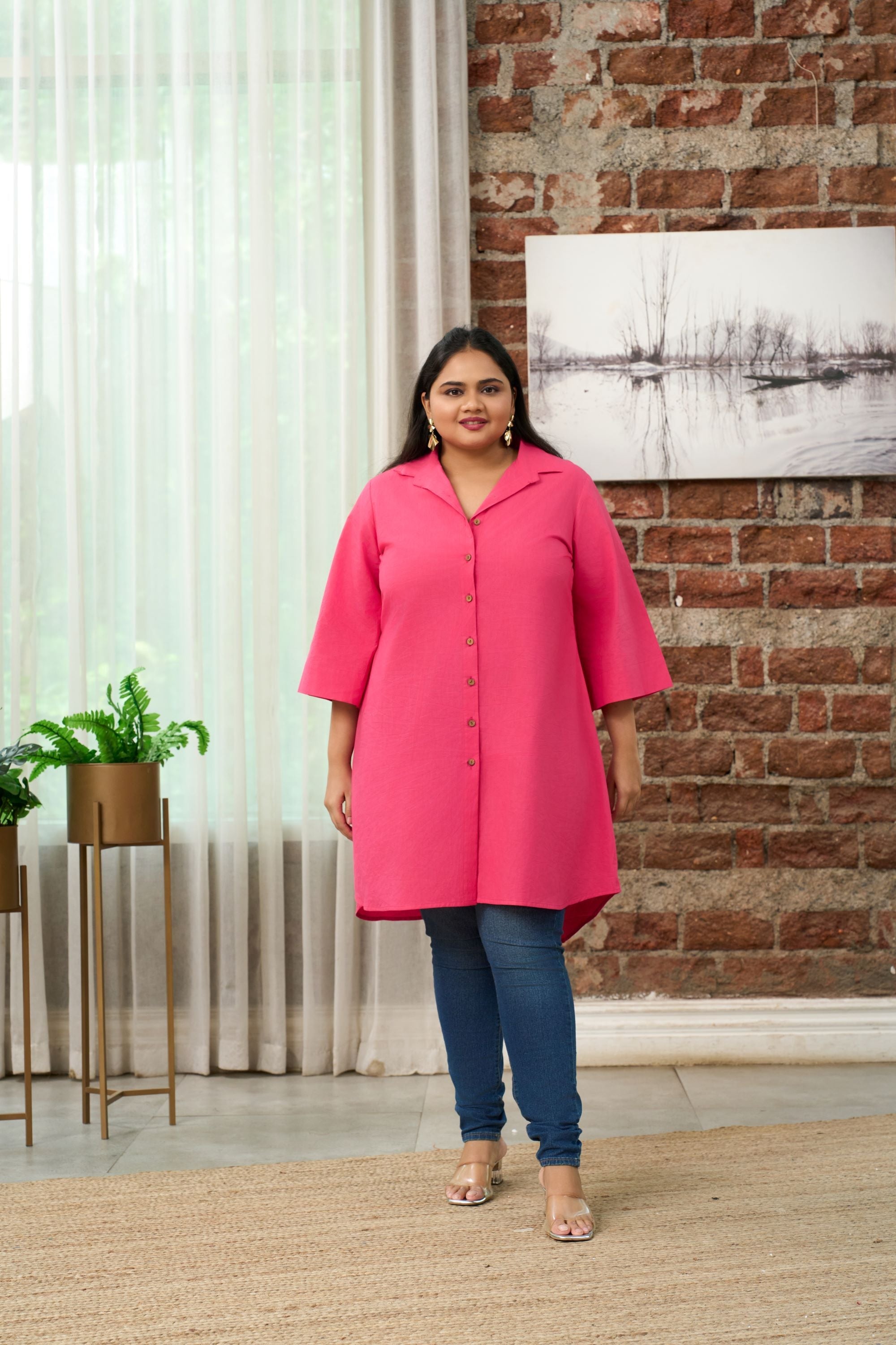 Women's Fuchsia Pink Button-Down Shirt Dress - Nangalia Ruchira