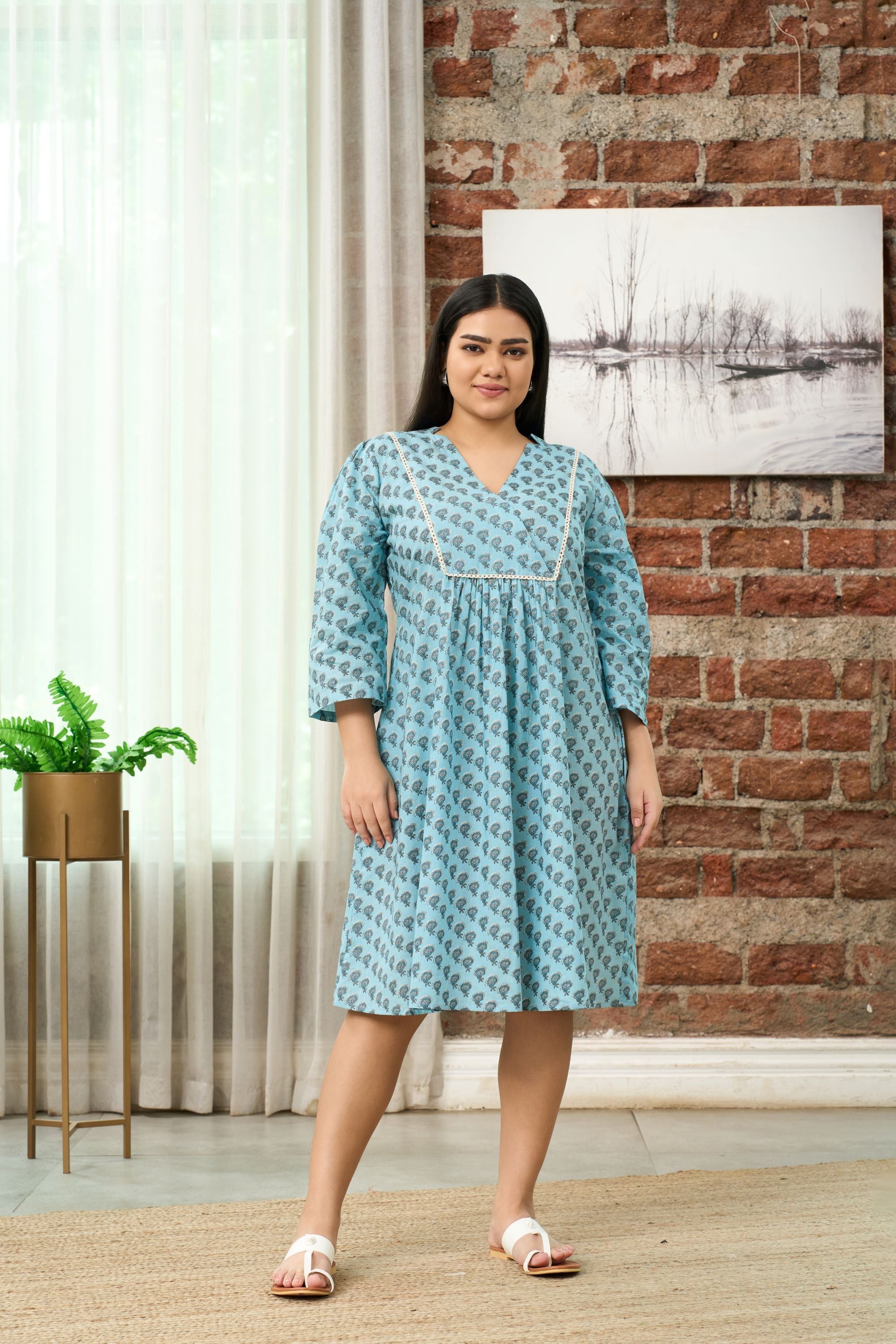 Women's Bohemian Teal Print Midi Dress With Gathered Waist - Nangalia Ruchira