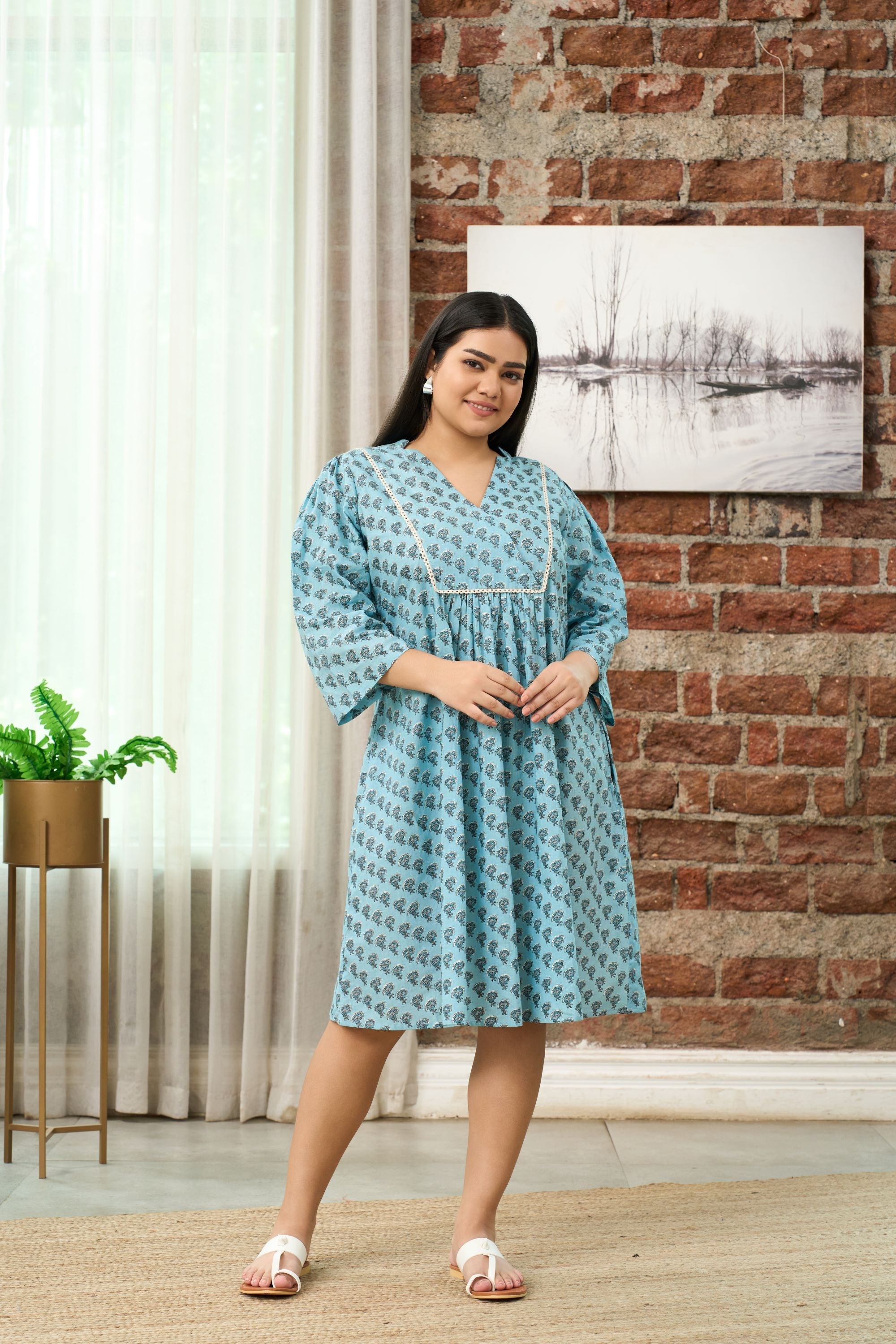 Women's Bohemian Teal Print Midi Dress With Gathered Waist - Nangalia Ruchira