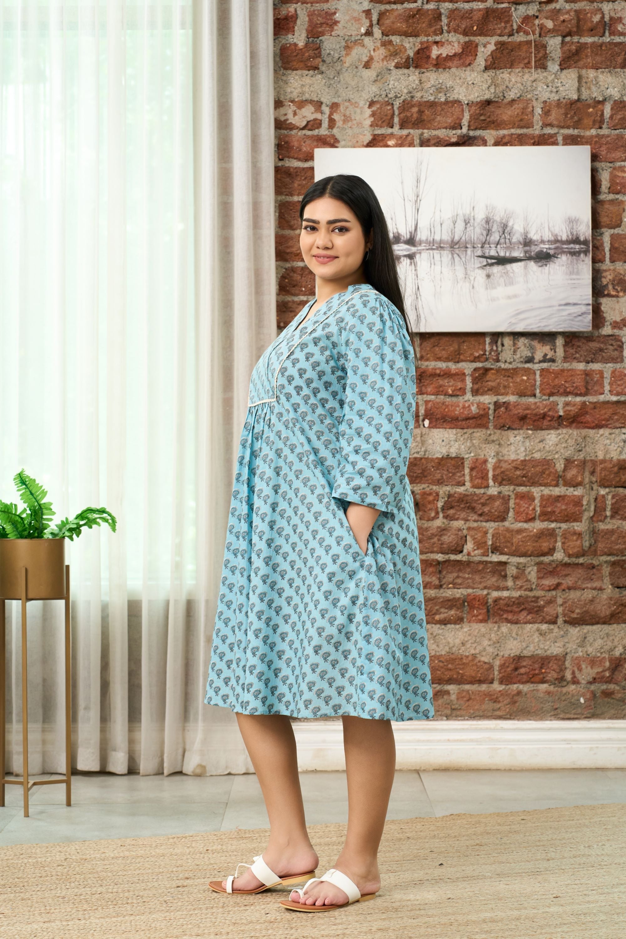 Women's Bohemian Teal Print Midi Dress With Gathered Waist - Nangalia Ruchira