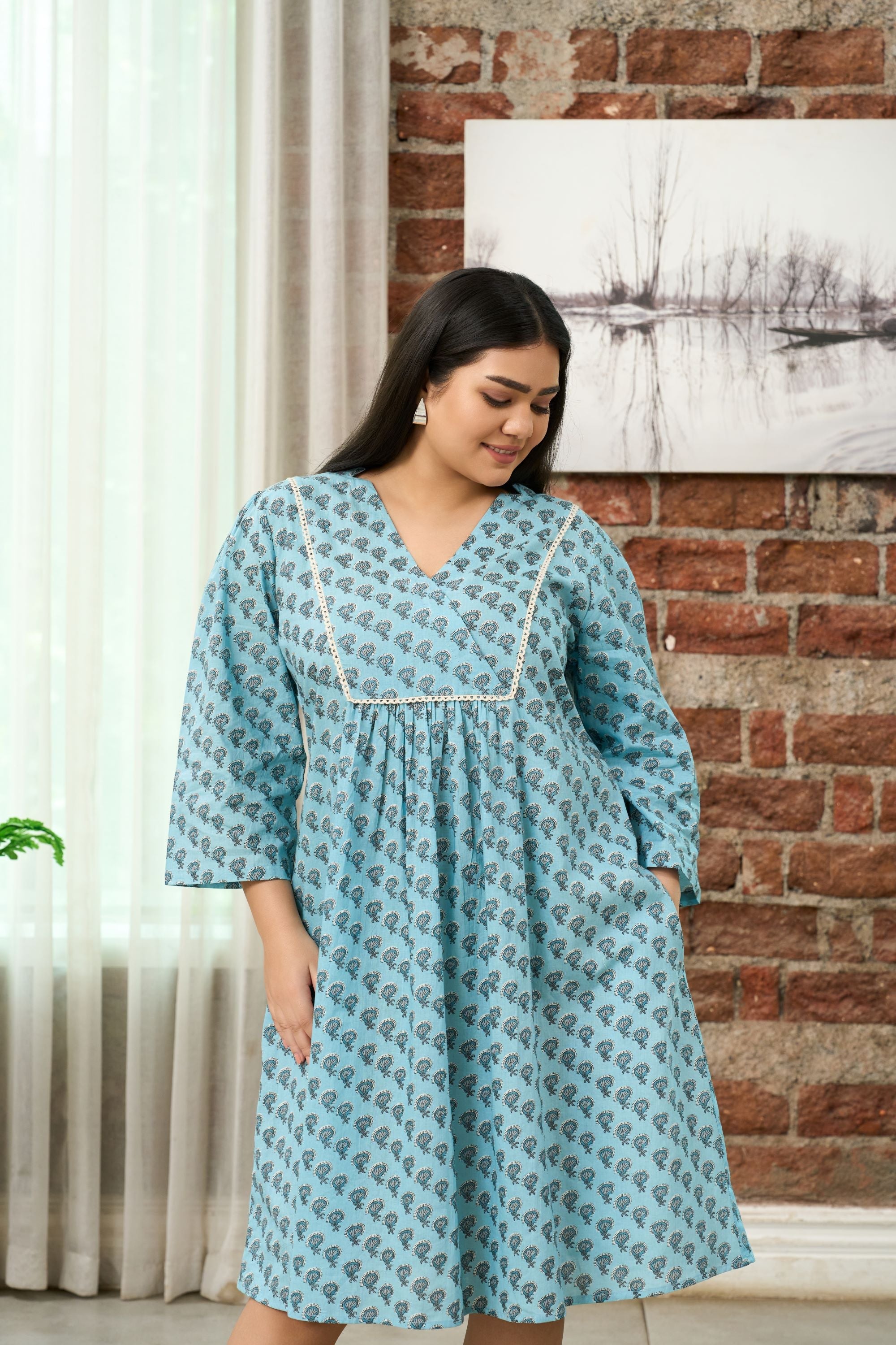 Women's Bohemian Teal Print Midi Dress With Gathered Waist - Nangalia Ruchira
