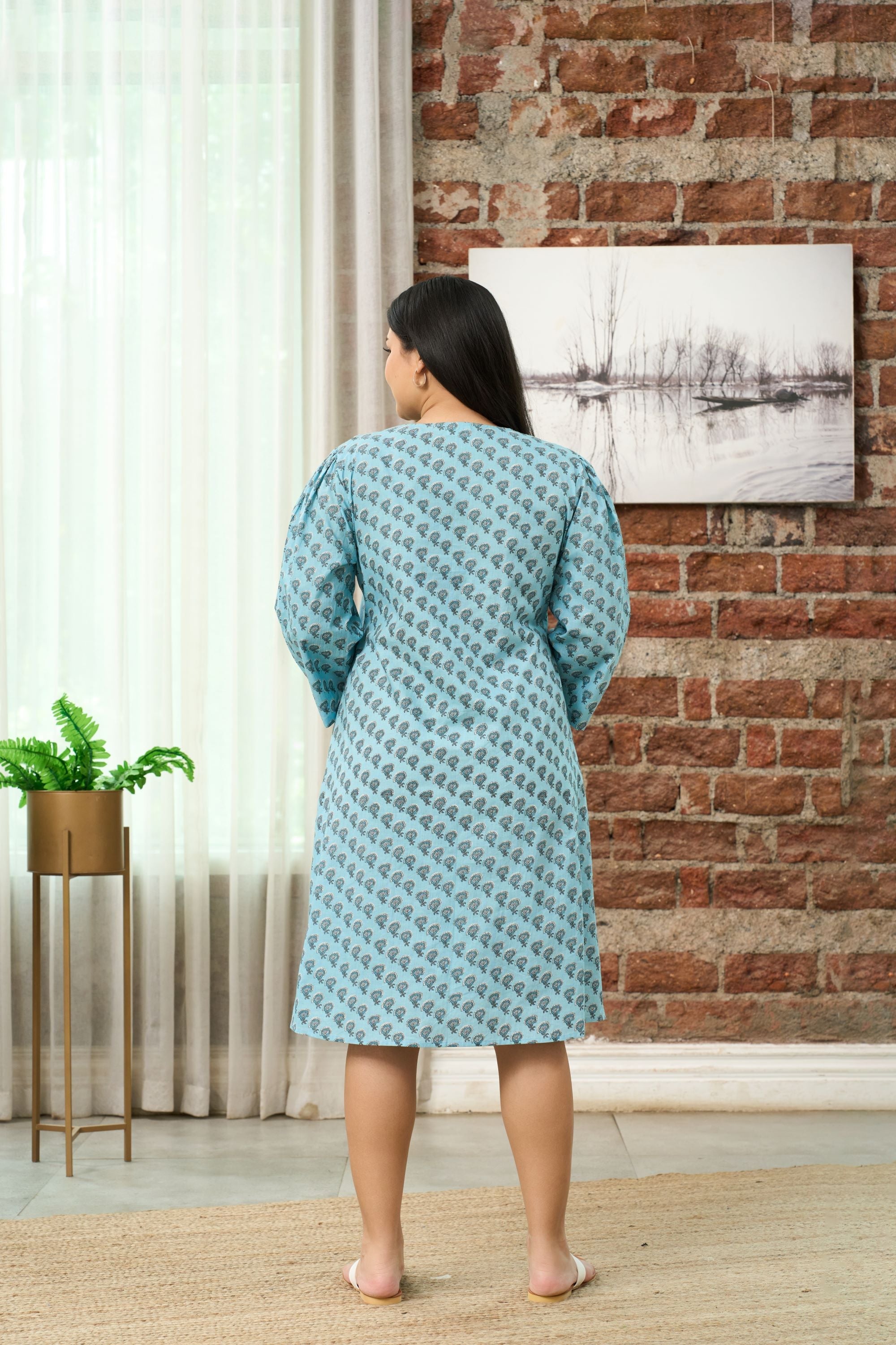 Women's Bohemian Teal Print Midi Dress With Gathered Waist - Nangalia Ruchira