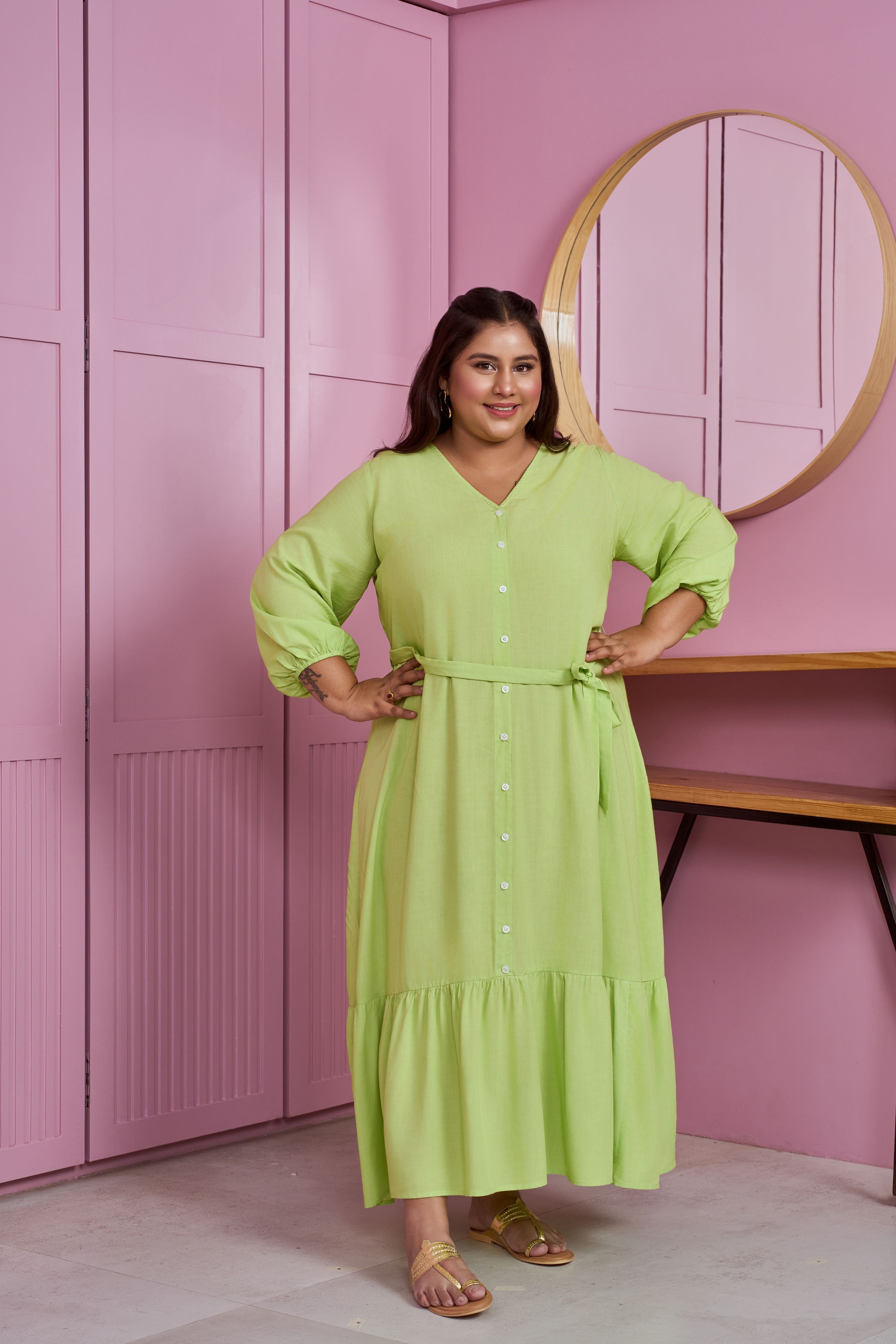 Women's Lime Green Tiered Modal Maxi Dress - Nangalia Ruchira