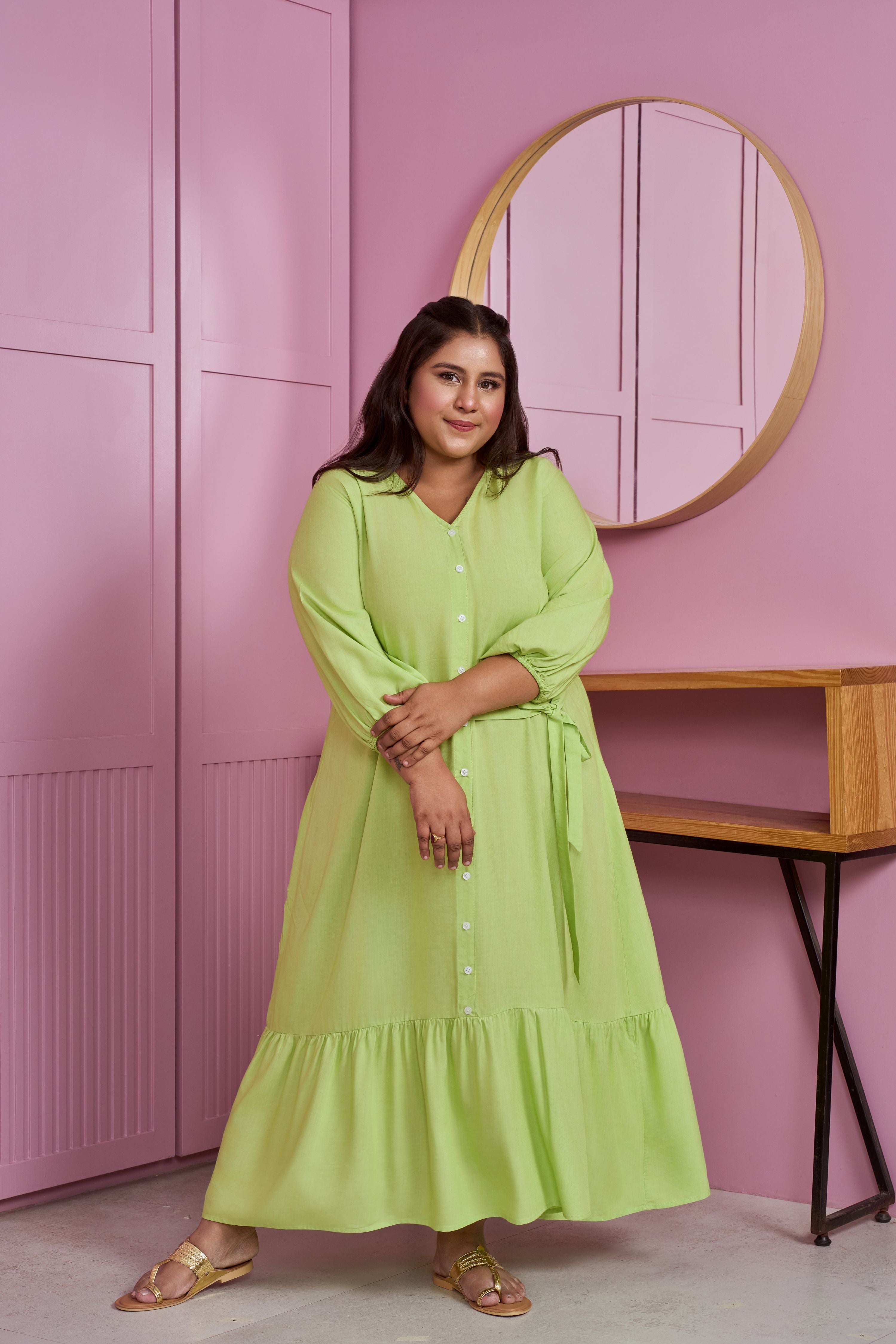 Women's Lime Green Tiered Modal Maxi Dress - Nangalia Ruchira