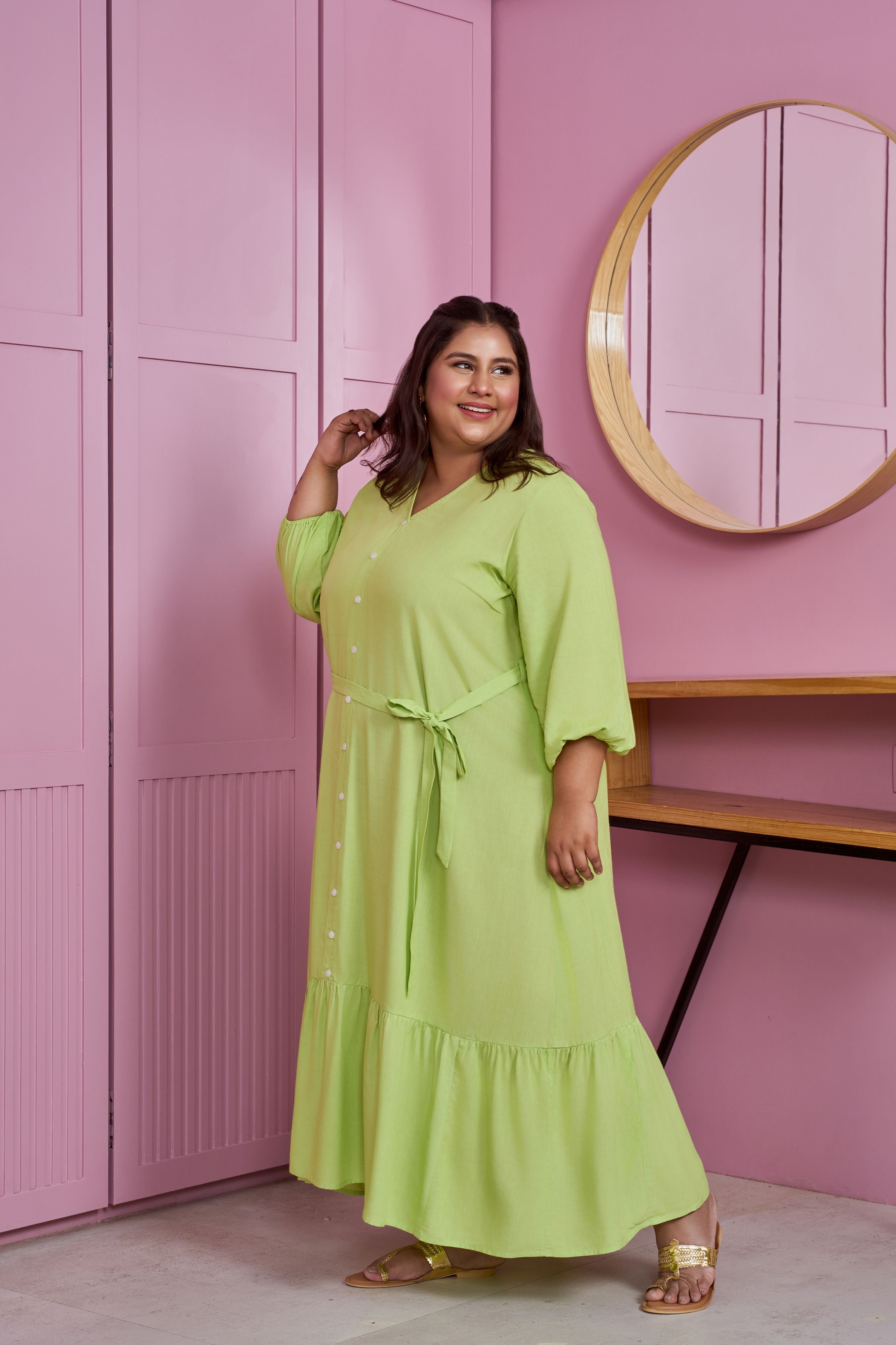 Women's Lime Green Tiered Modal Maxi Dress - Nangalia Ruchira