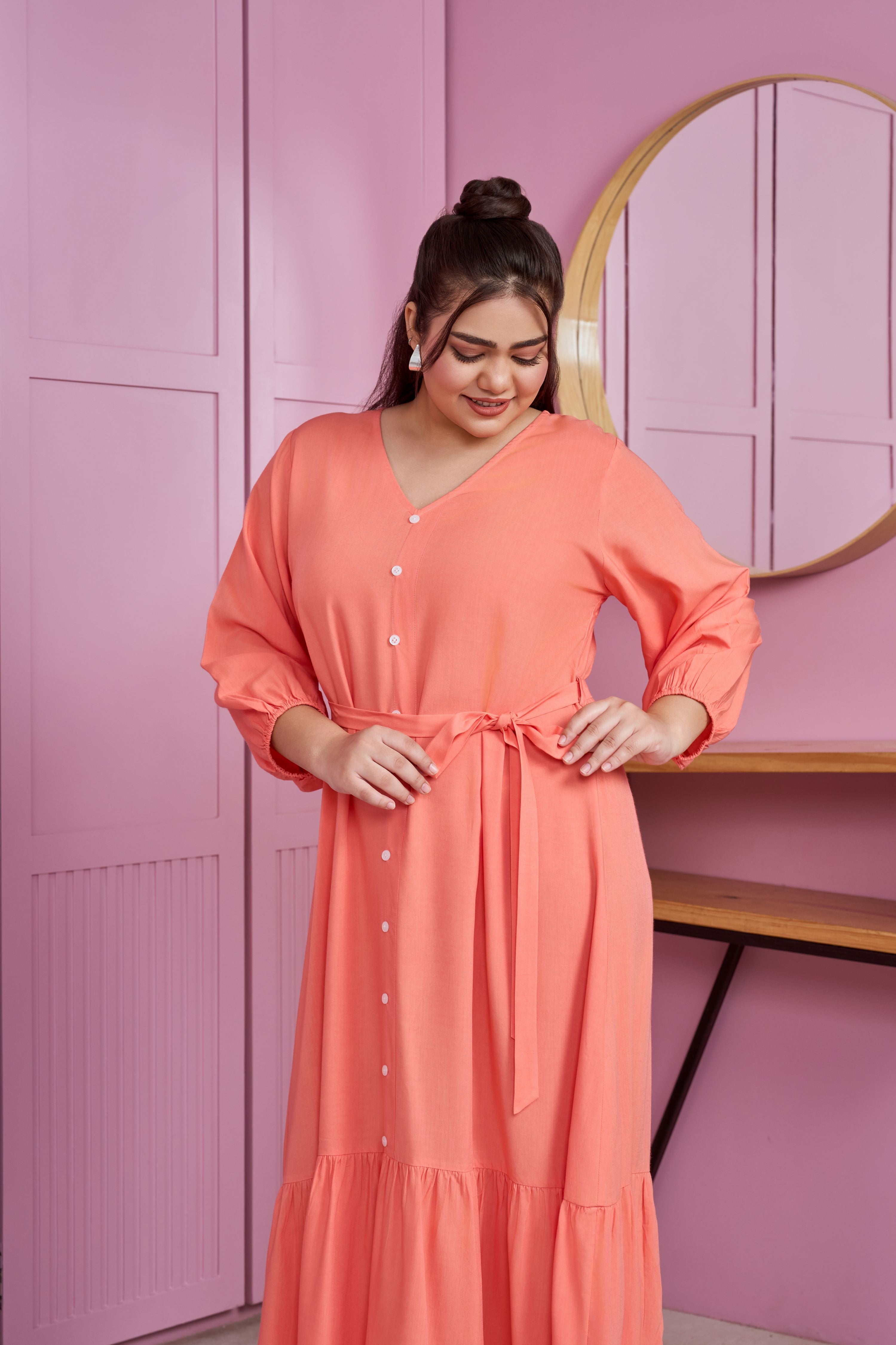 Women's Coral Peach Tiered Modal Maxi Dress - Nangalia Ruchira