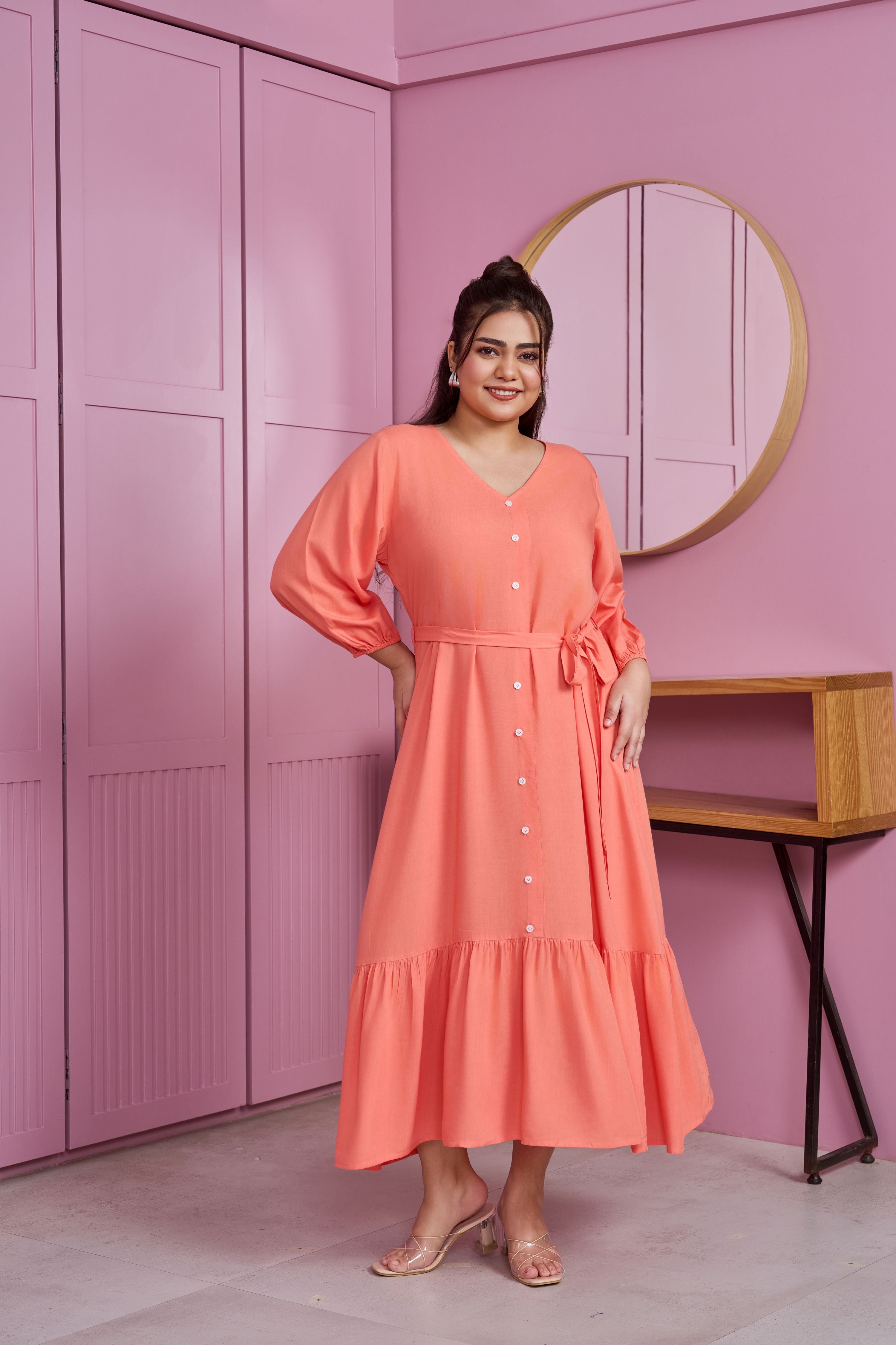 Women's Coral Peach Tiered Modal Maxi Dress - Nangalia Ruchira