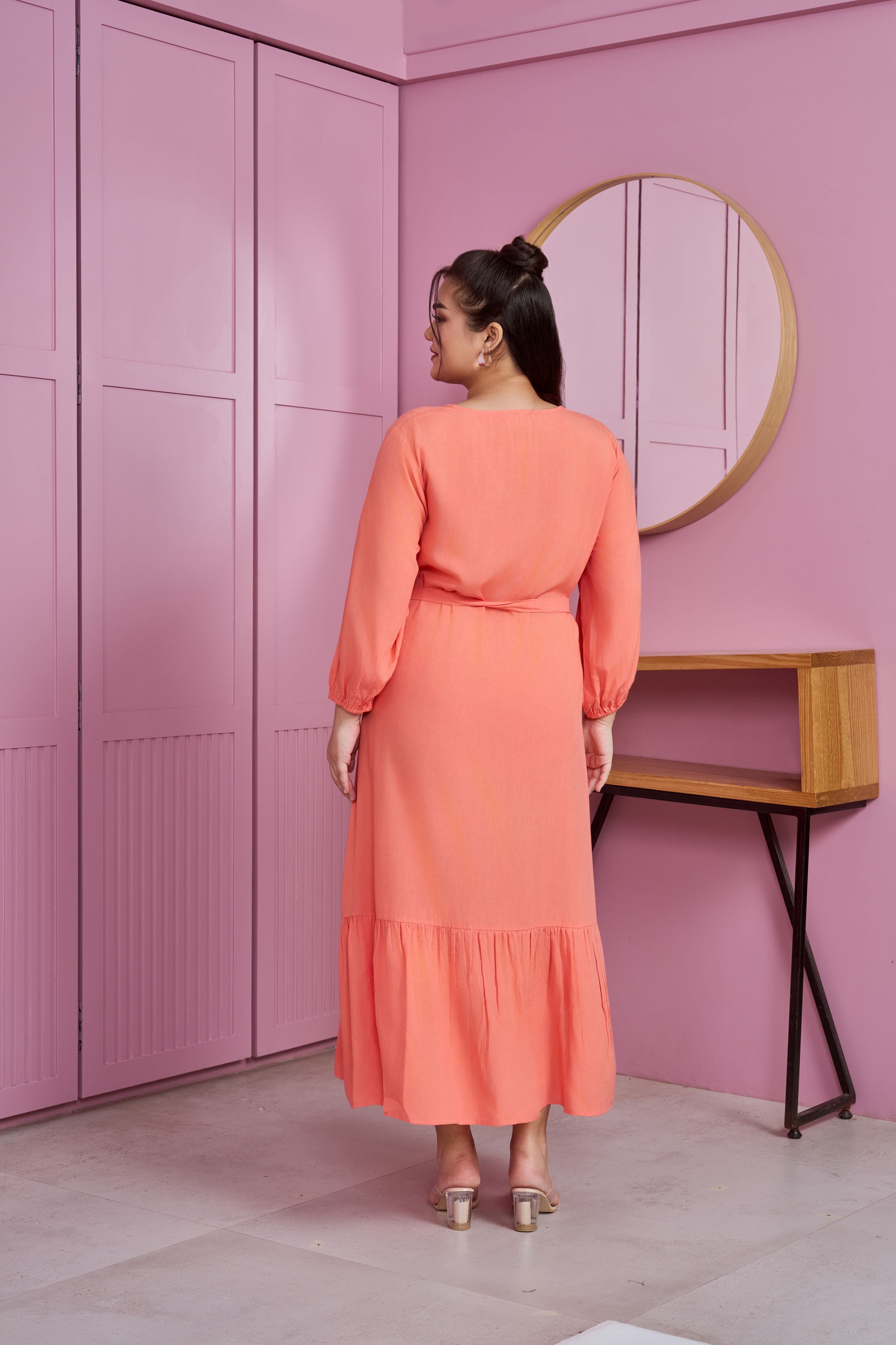 Women's Coral Peach Tiered Modal Maxi Dress - Nangalia Ruchira