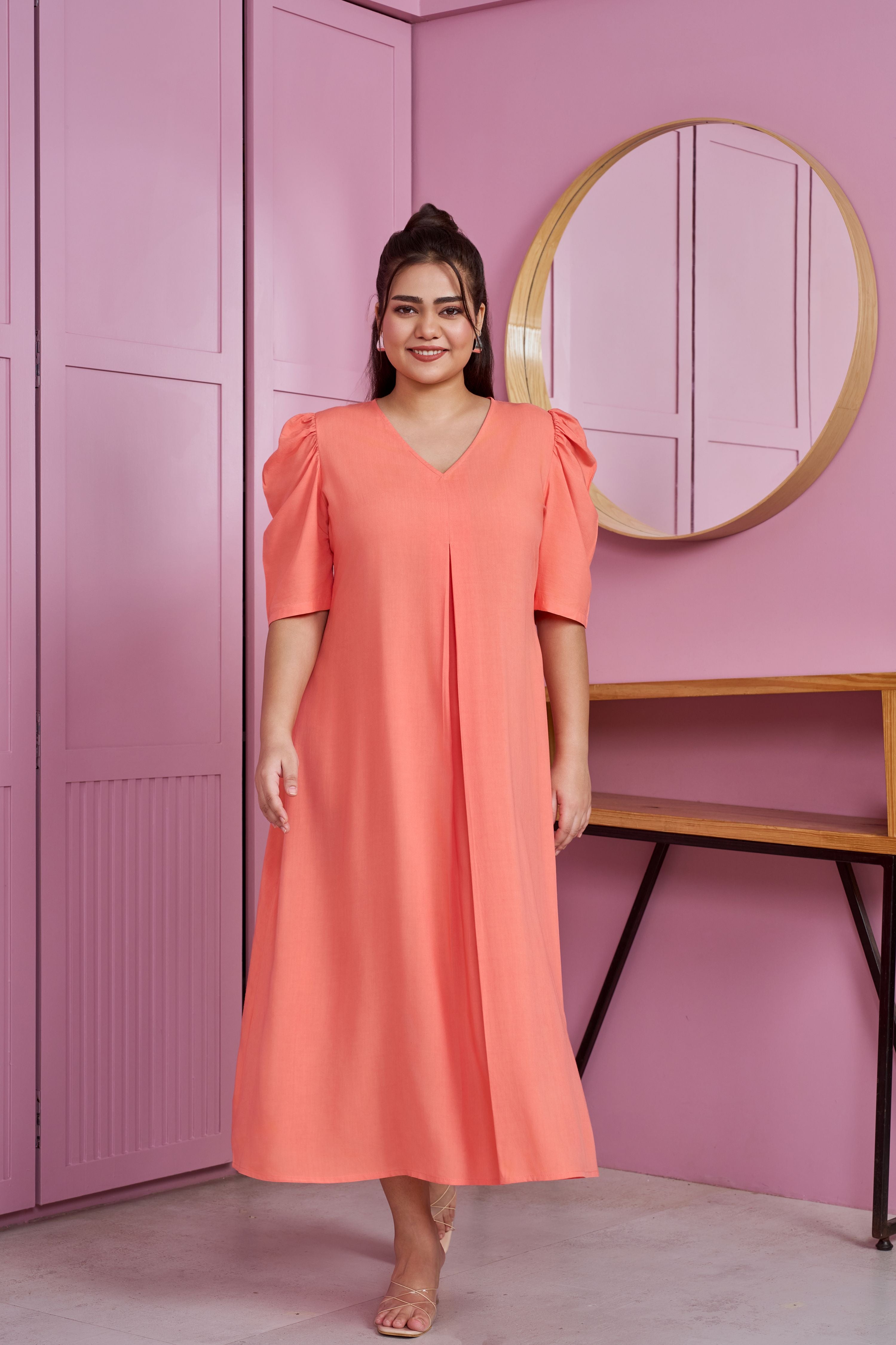 Women's Peach Modal Puff Sleeve Pleated Maxi Dress - Nangalia Ruchira