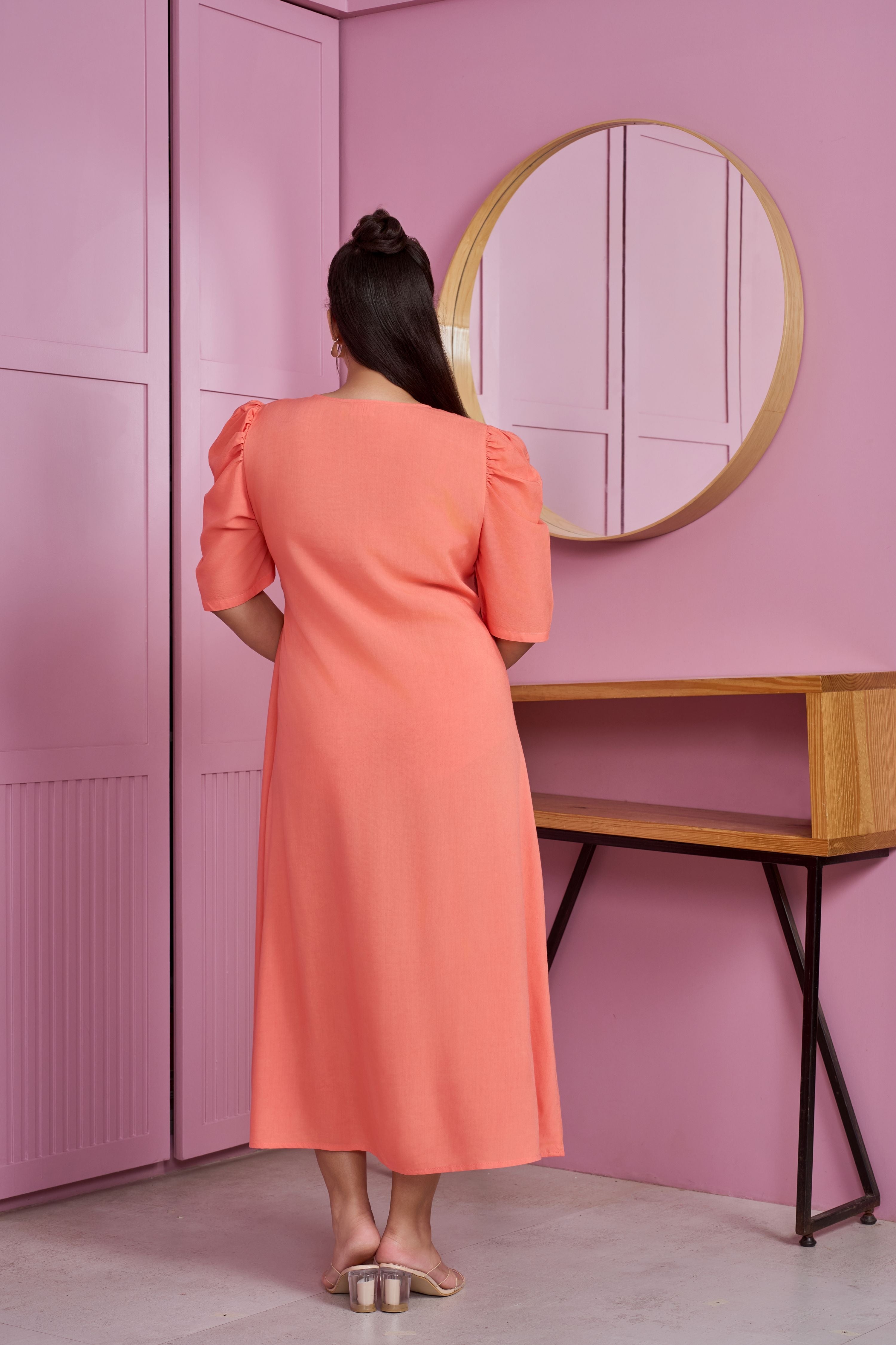 Women's Peach Modal Puff Sleeve Pleated Maxi Dress - Nangalia Ruchira