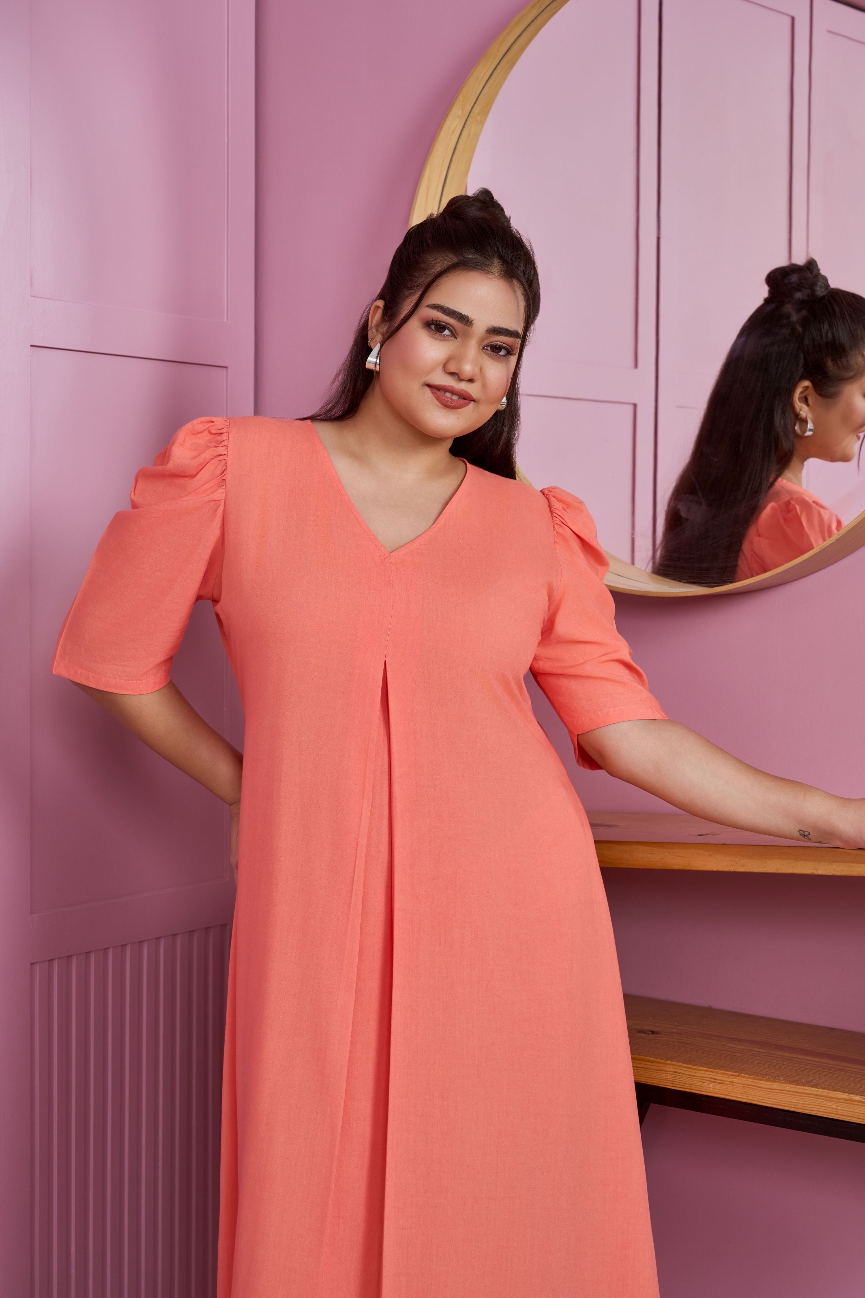 Women's Peach Modal Puff Sleeve Pleated Maxi Dress - Nangalia Ruchira
