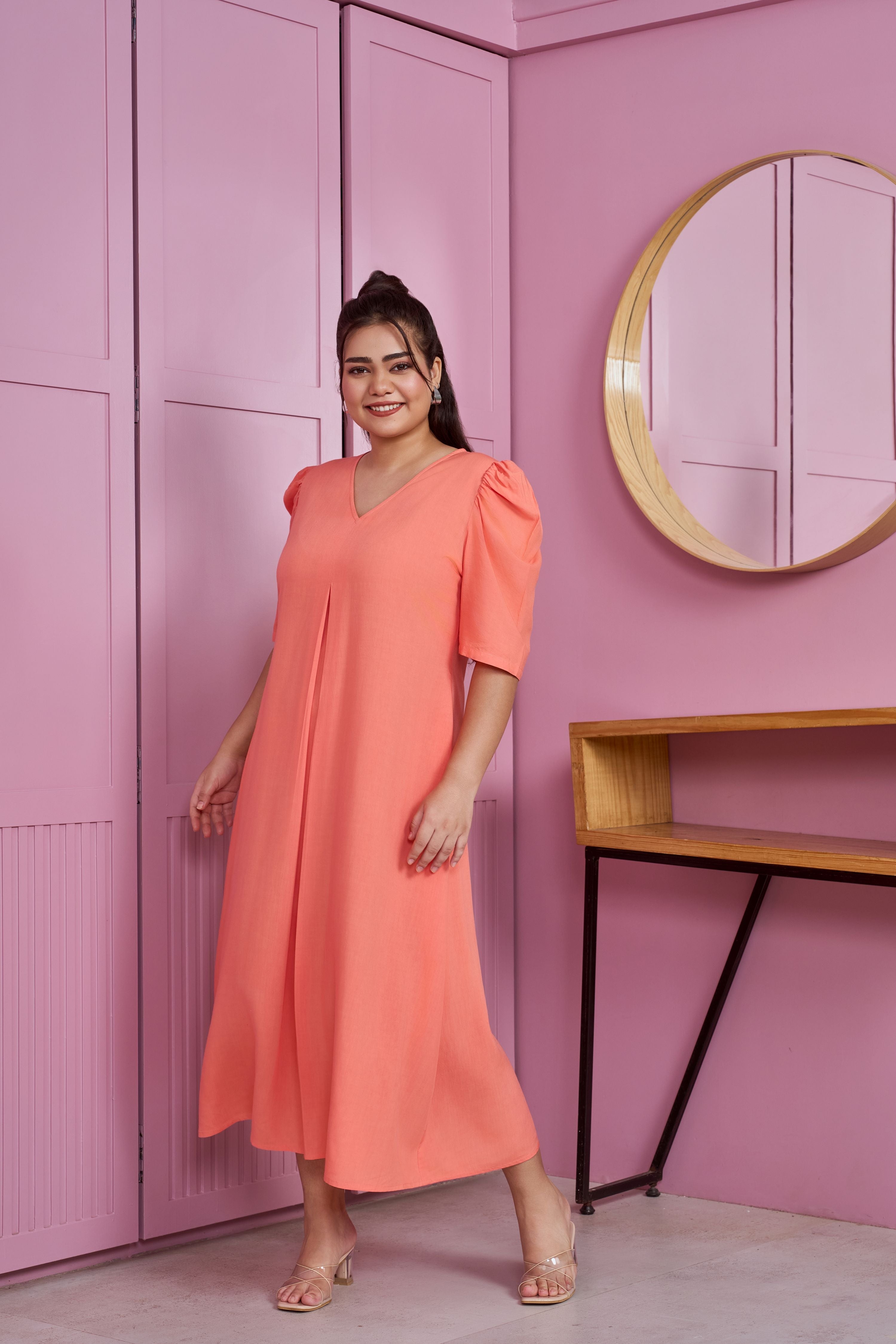 Women's Peach Modal Puff Sleeve Pleated Maxi Dress - Nangalia Ruchira