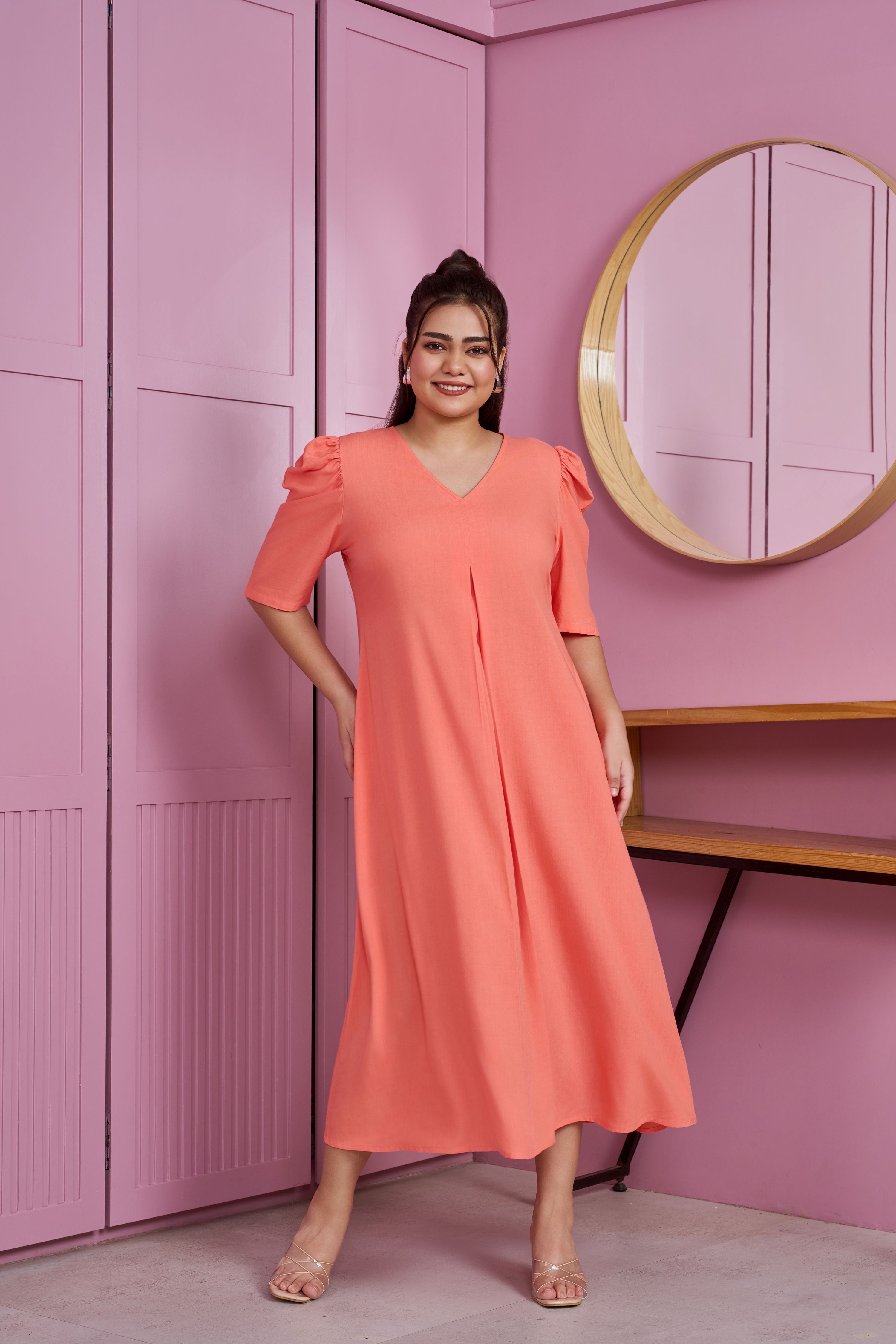 Women's Peach Modal Puff Sleeve Pleated Maxi Dress - Nangalia Ruchira