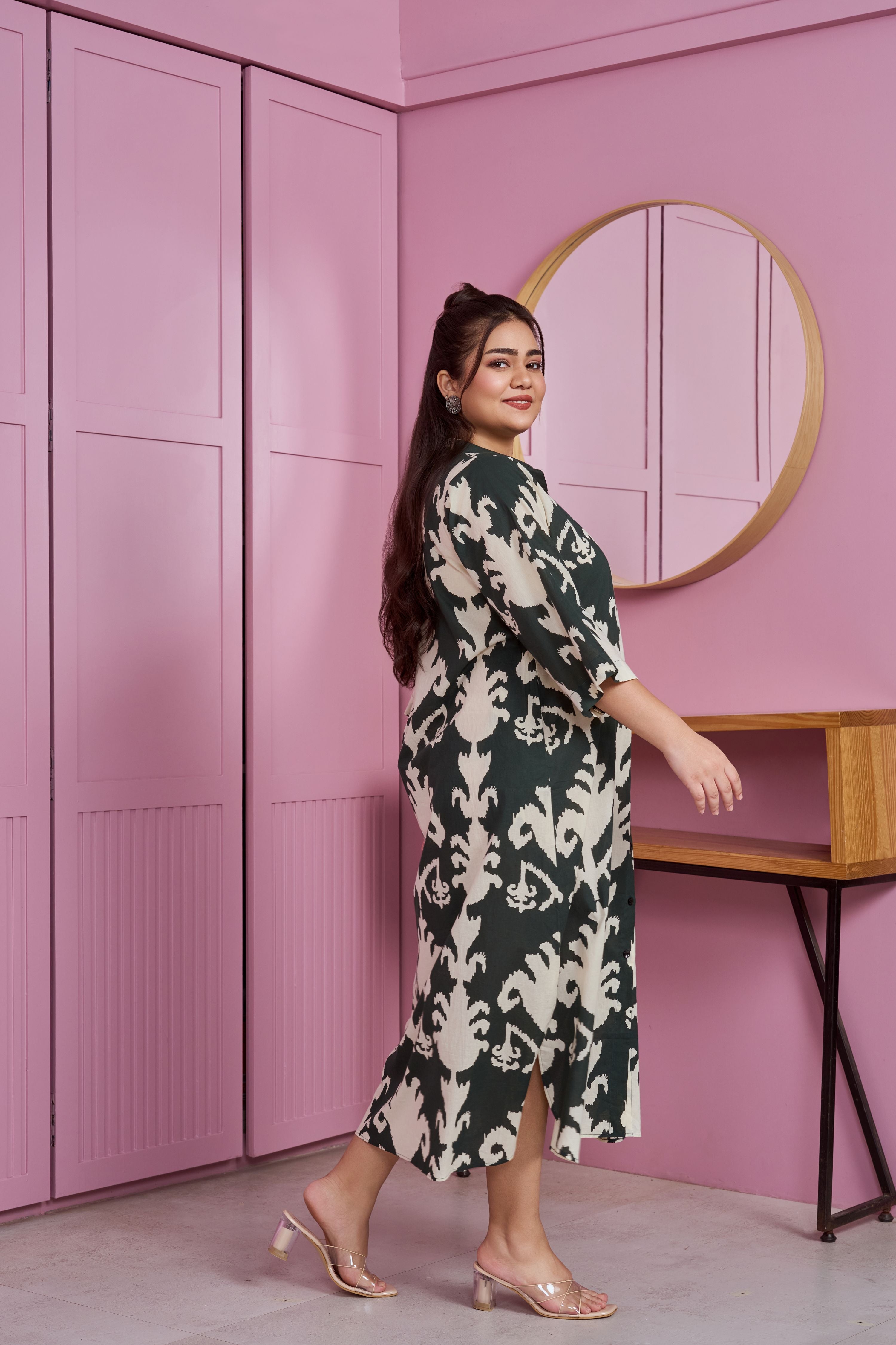 Women's Dark Green Button-Down Printed Maxi Dress - Nangalia Ruchira