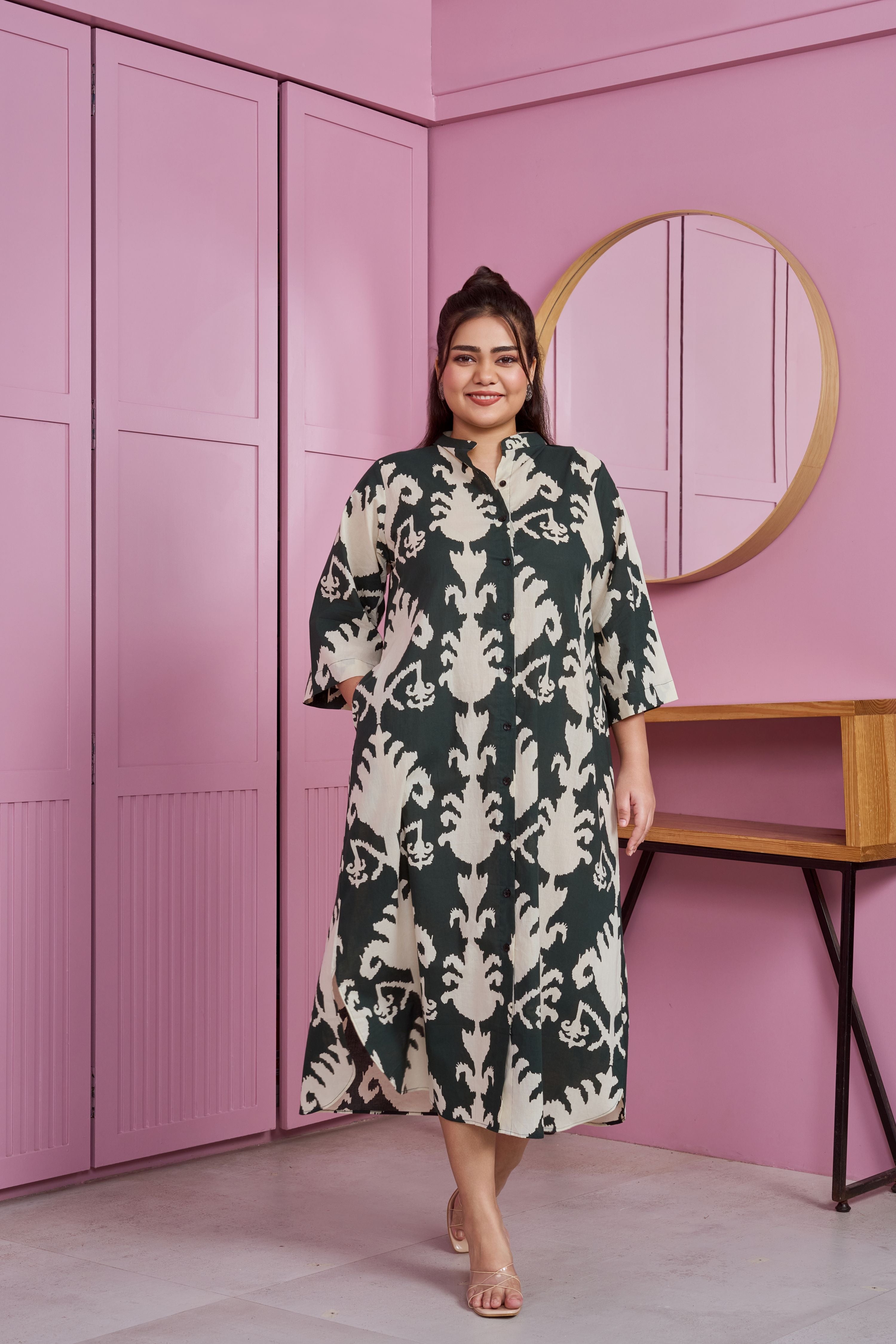 Women's Dark Green Button-Down Printed Maxi Dress - Nangalia Ruchira