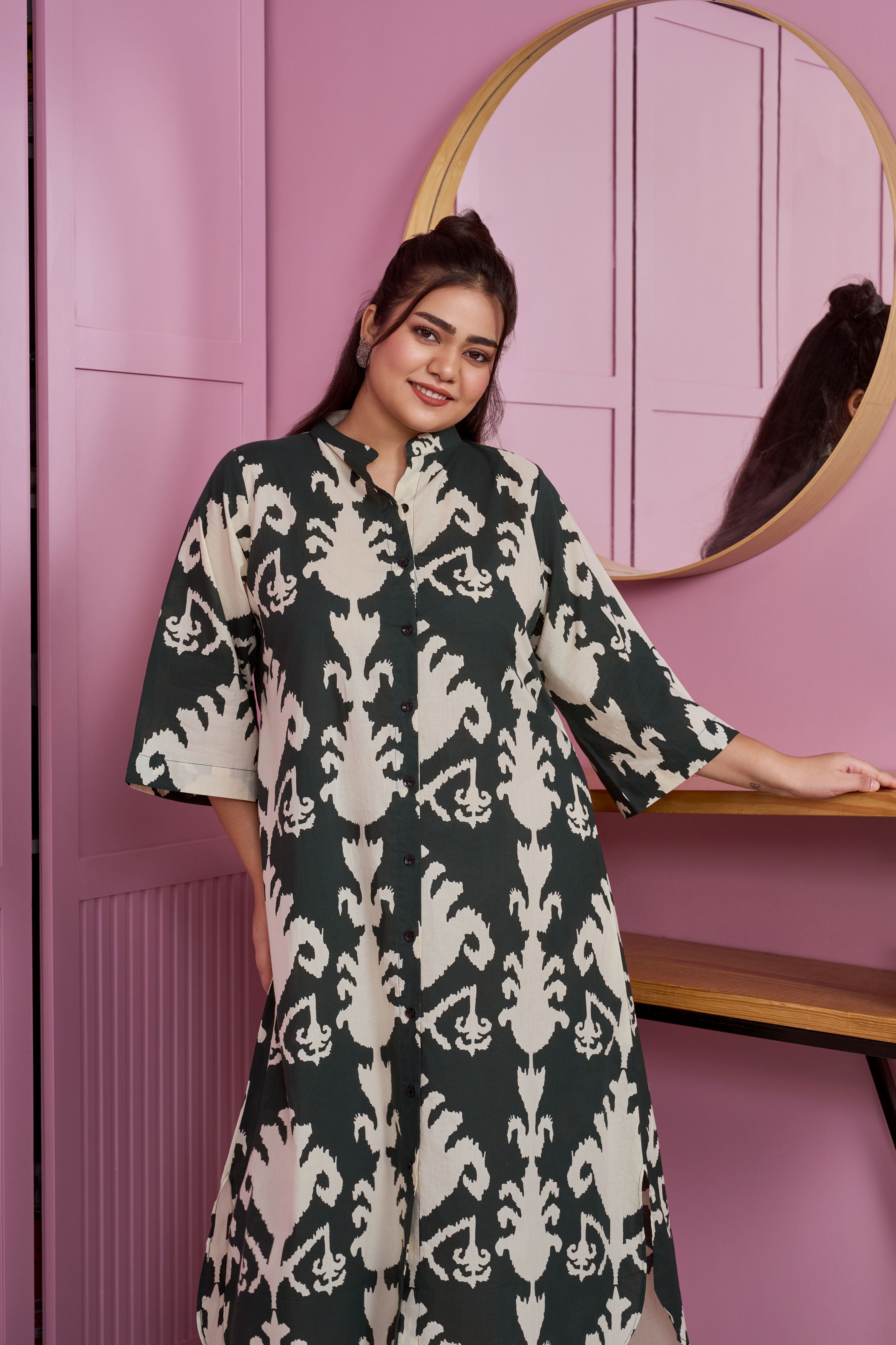 Women's Dark Green Button-Down Printed Maxi Dress - Nangalia Ruchira
