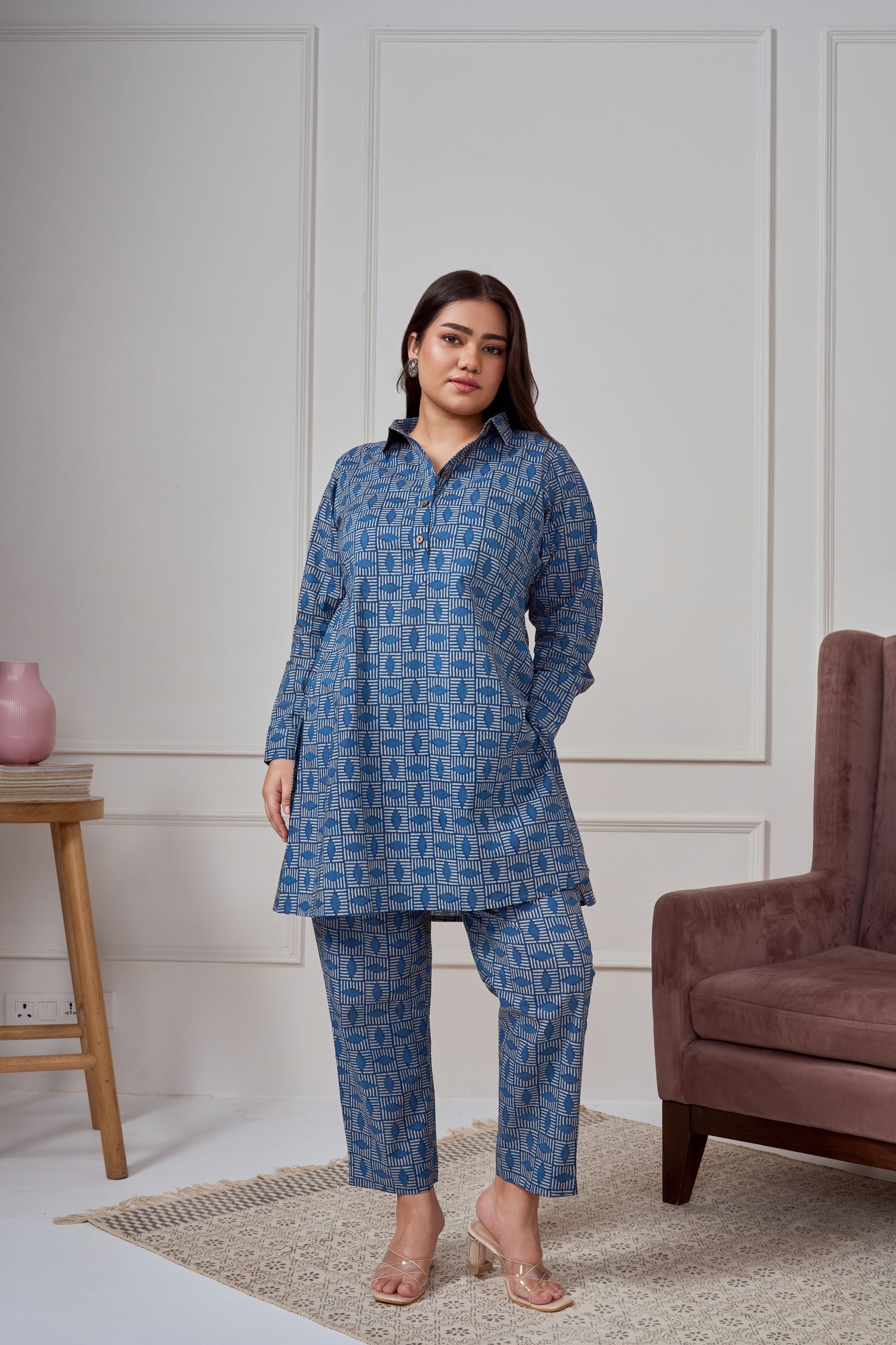 Women's Blue Geometric Print Co-Ord Set - Nangalia Ruchira