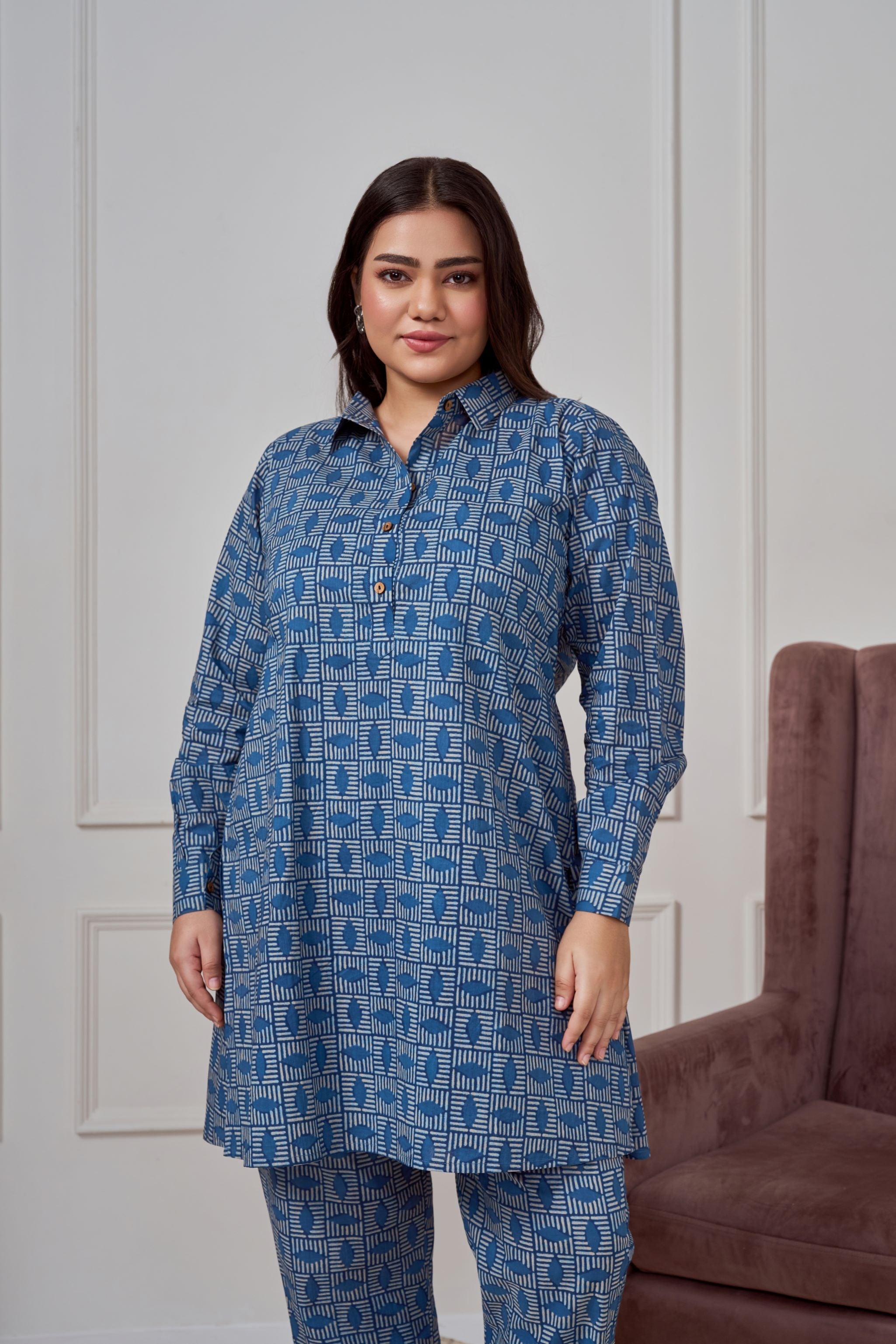 Women's Blue Geometric Print Co-Ord Set - Nangalia Ruchira