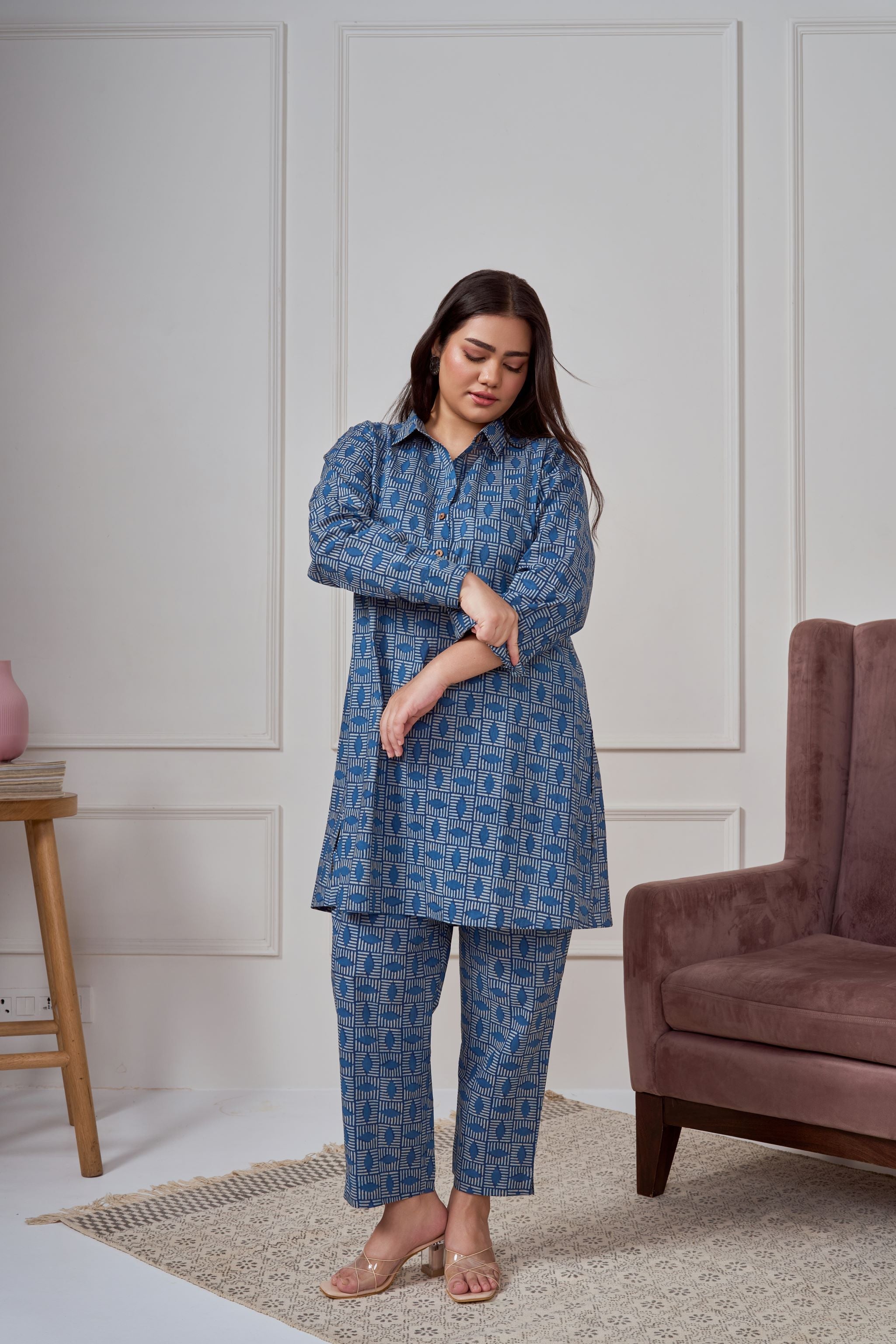 Women's Blue Geometric Print Co-Ord Set - Nangalia Ruchira
