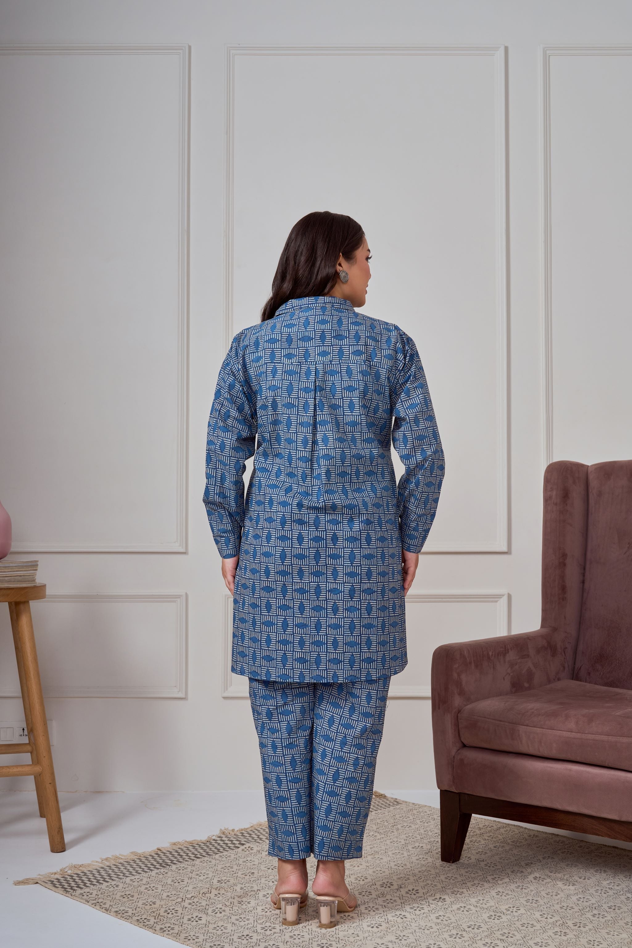 Women's Blue Geometric Print Co-Ord Set - Nangalia Ruchira