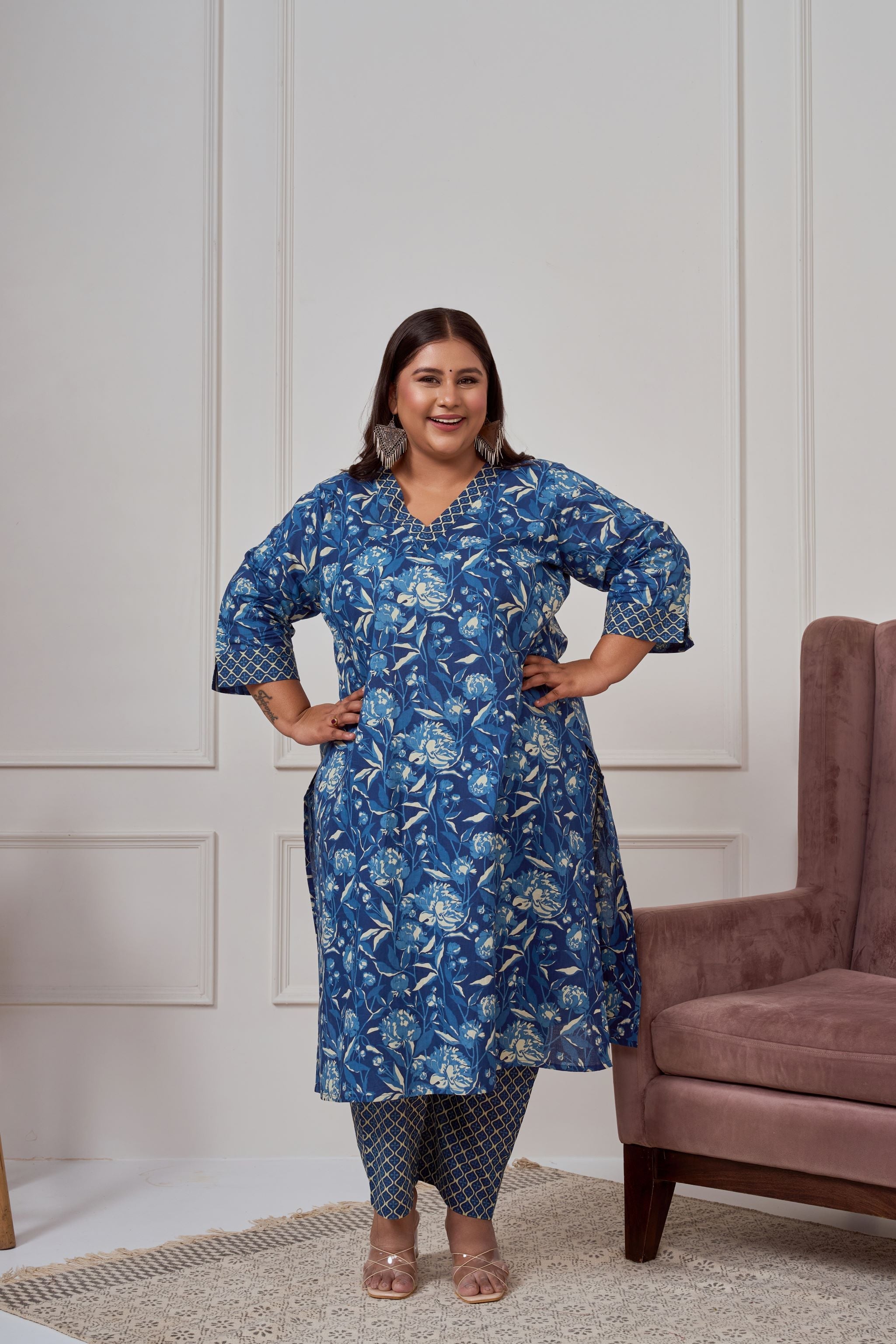 Women's Blue Bagru Print Cotton Kurta Set(Set Of 2) - Nangalia Ruchira